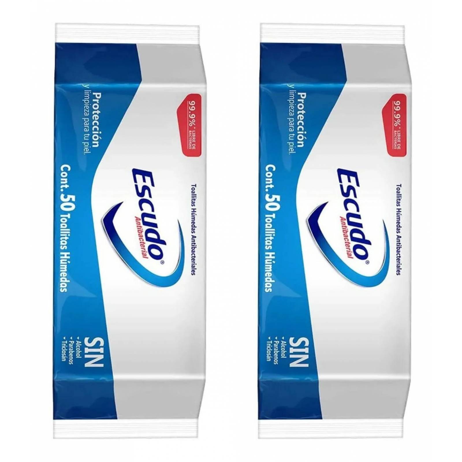 50 Toallitas Humedas Escudo Antibacterial Sin Alcohol 2 Pzas