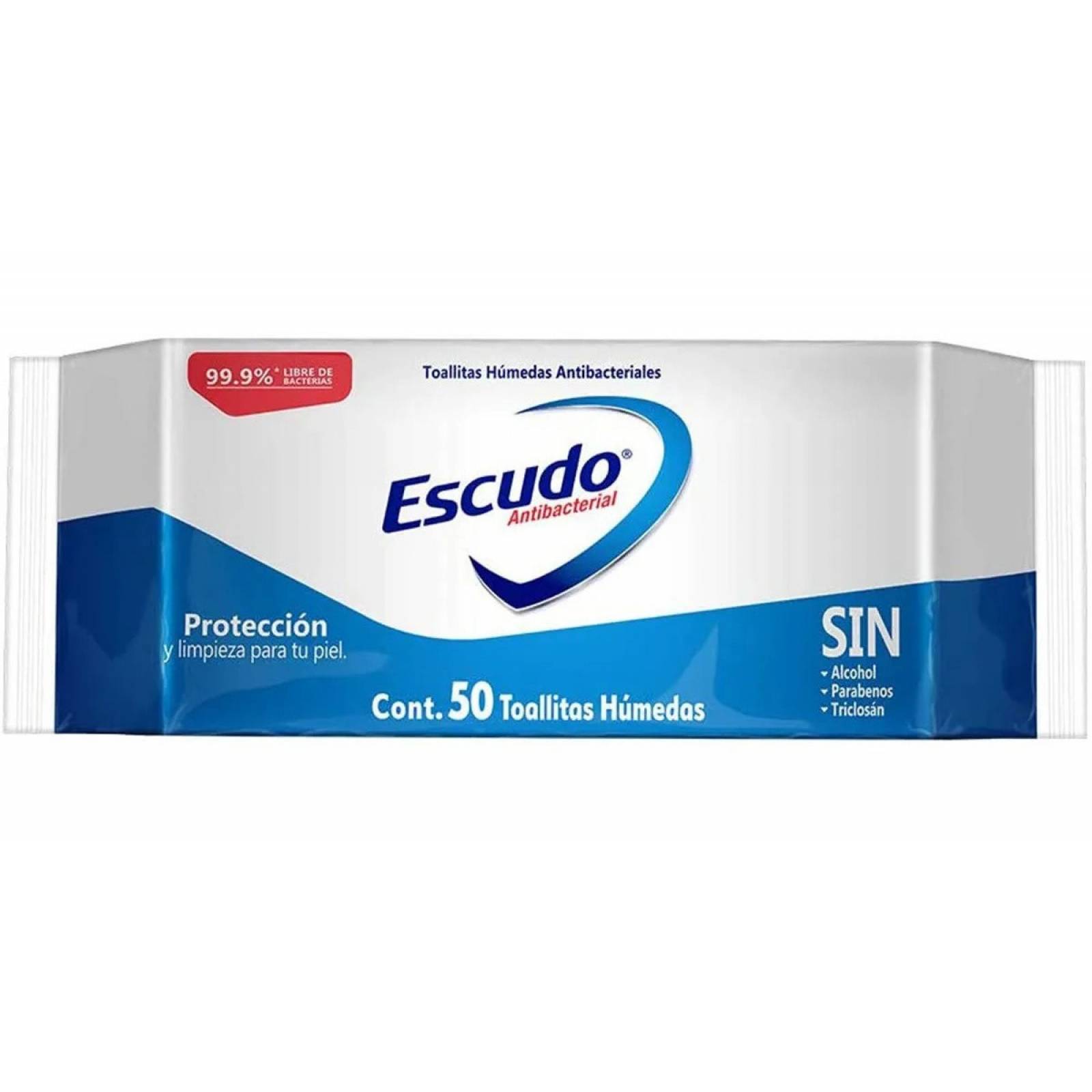 50 Toallitas Humedas Escudo Antibacterial Sin Alcohol 2 Pzas