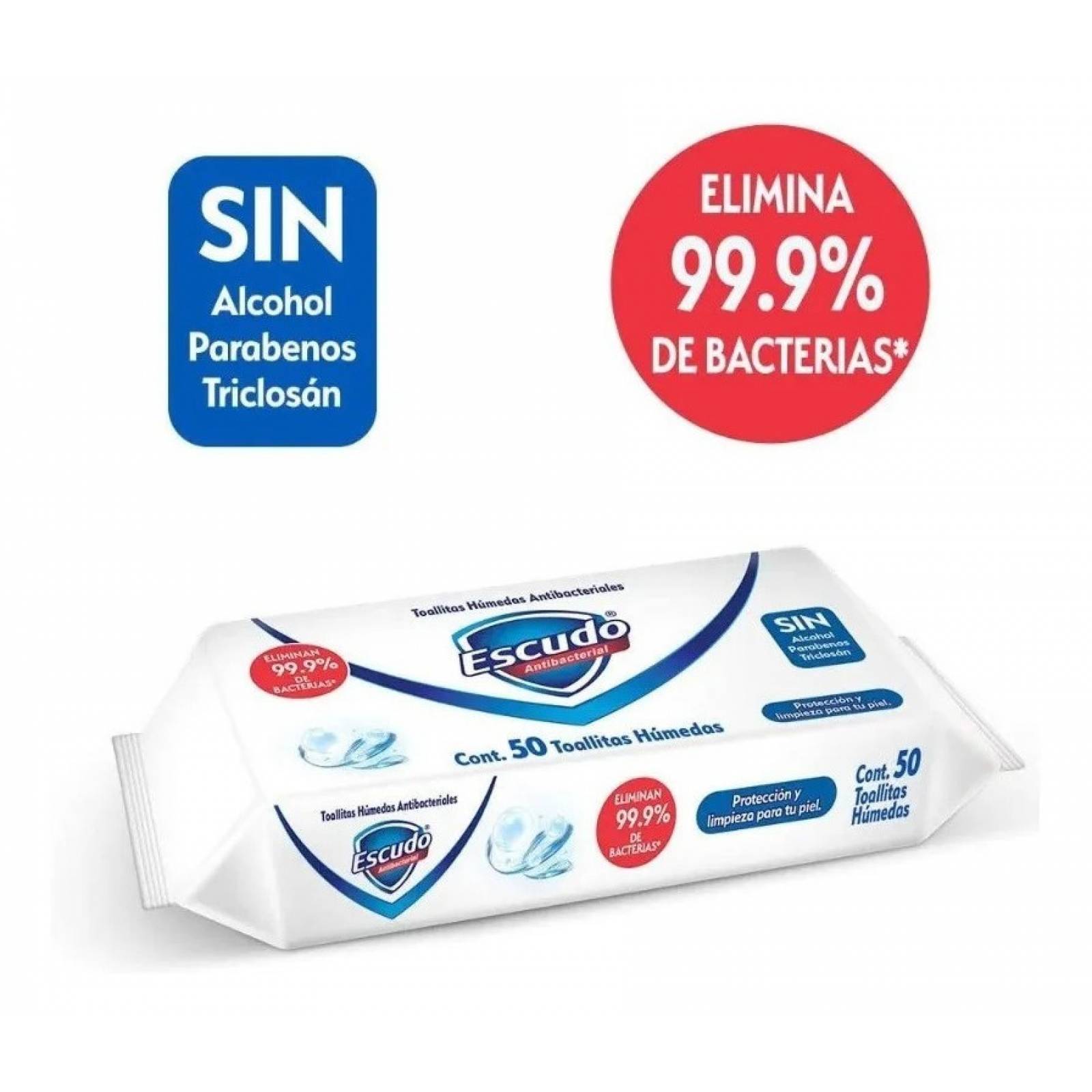 50 Toallitas Humedas Escudo Antibacterial Sin Alcohol 2 Pzas