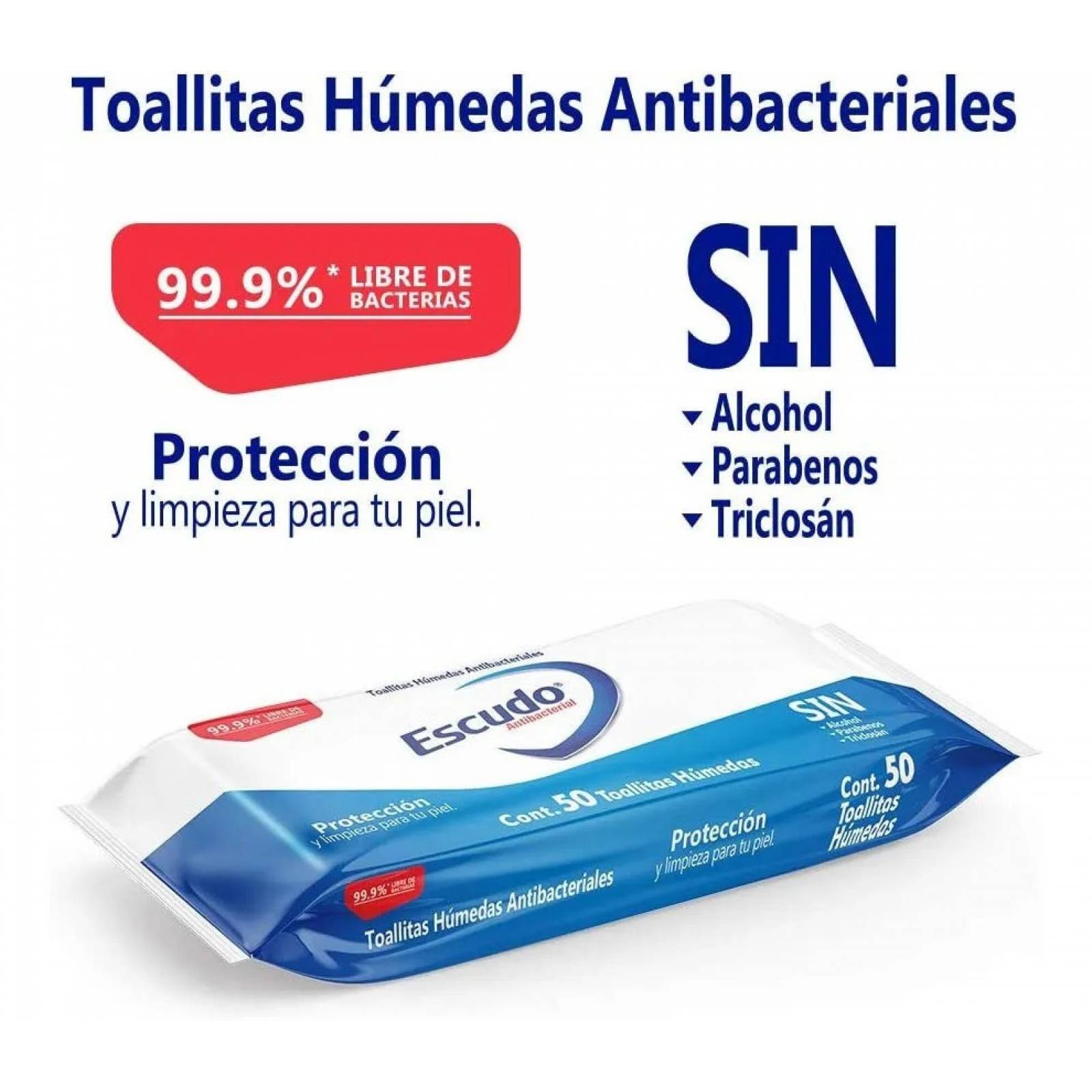 50 Toallitas Humedas Escudo Antibacterial Sin Alcohol 2 Pzas