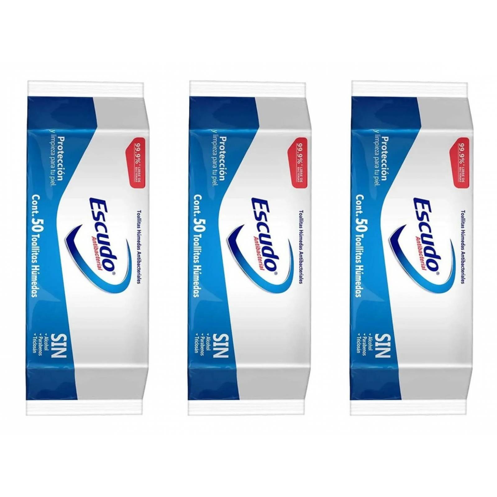 50 Toallitas Humedas Escudo Antibacterial Sin Alcohol 3 Pzas