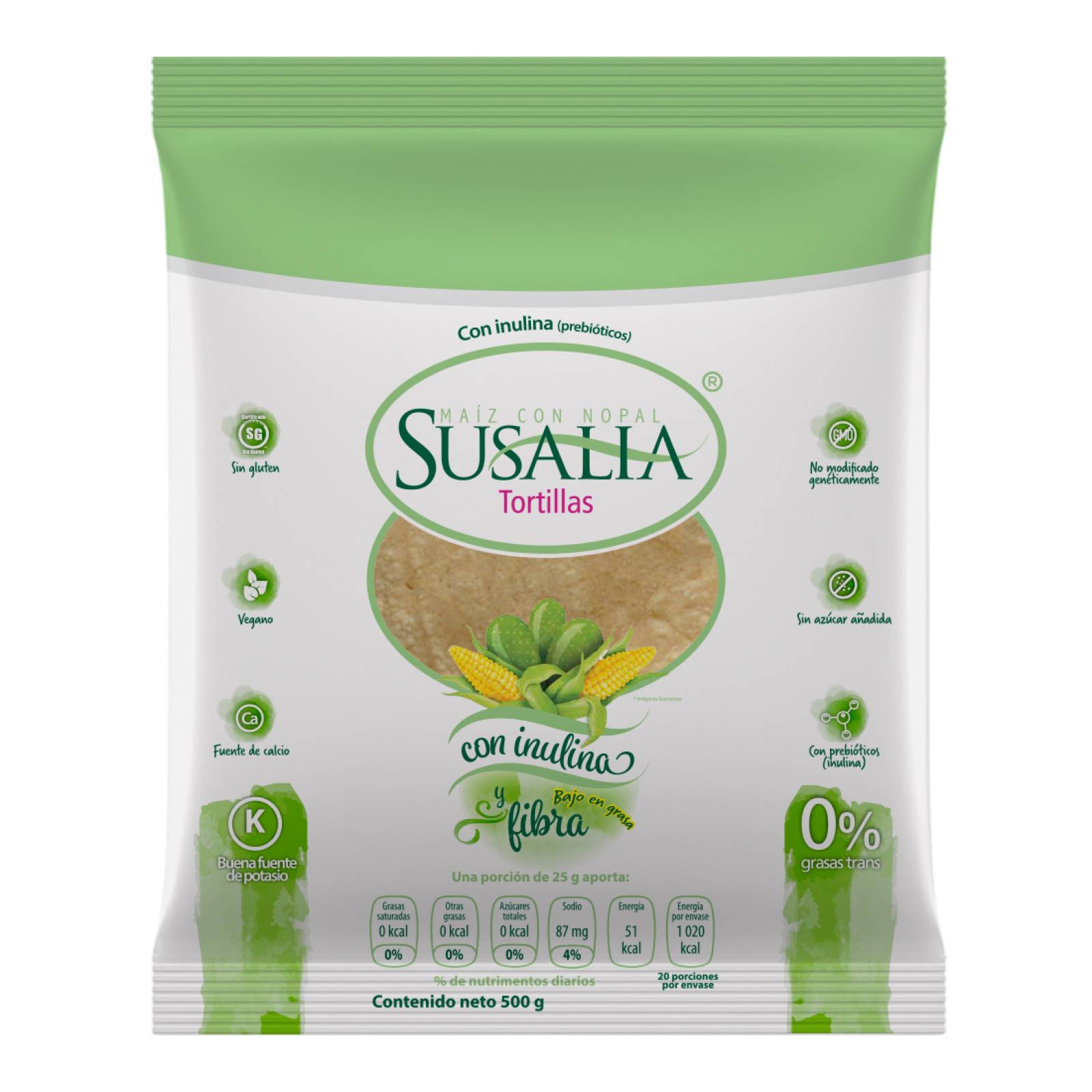 SUSALIA Tortilla de Maiz y Nopal 500gr. (Caja con 12 piezas)