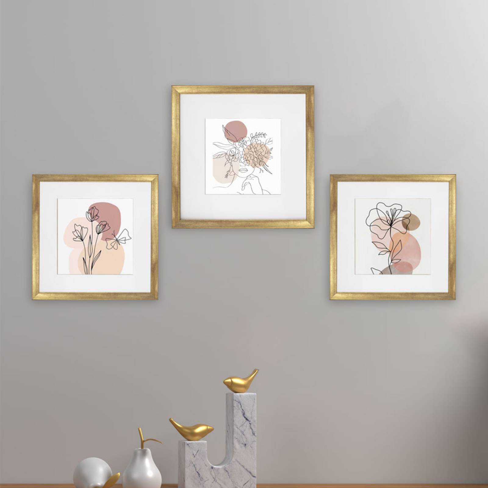 Set de 3 Marcos Decorativos con Marco Dorado con cristal y marialuisa