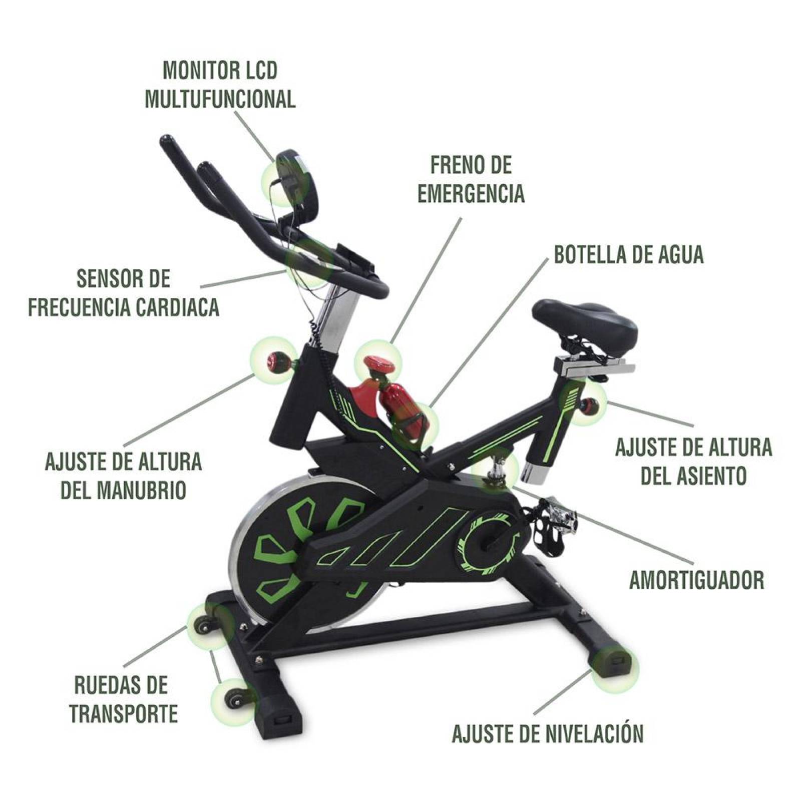 Bicicleta Spinning Uso Rudo 18 kilos Banda profesional con agarres de frecuencia Verde