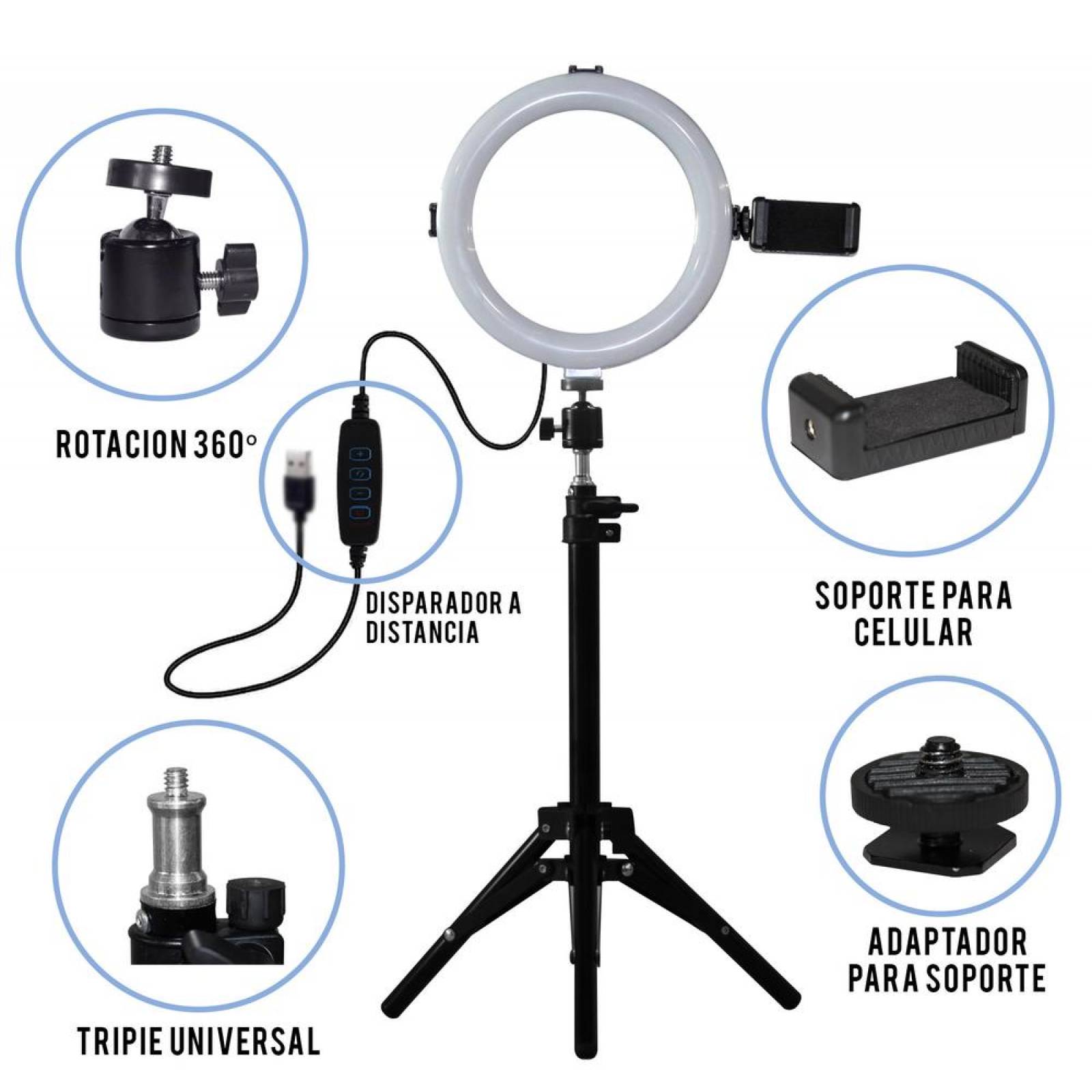 Aro De Luz Lampara Led 6.5 Pulgadas Control y Porta Celular Tripie Foto Vídeo Negro