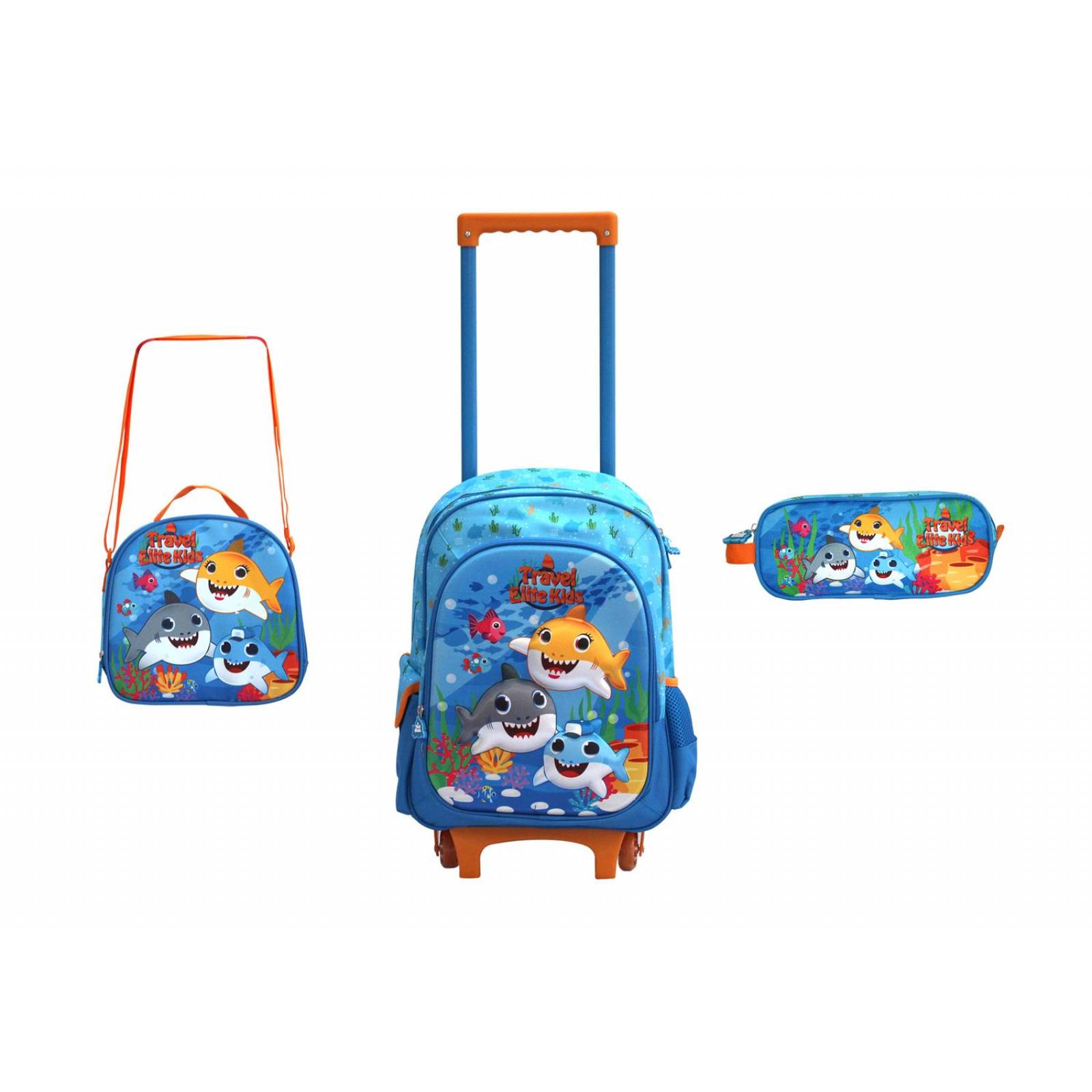 Kit De Mochila Escolar para Niño 3 piezas Carrito Lonchera Estuche Ruedas Azul