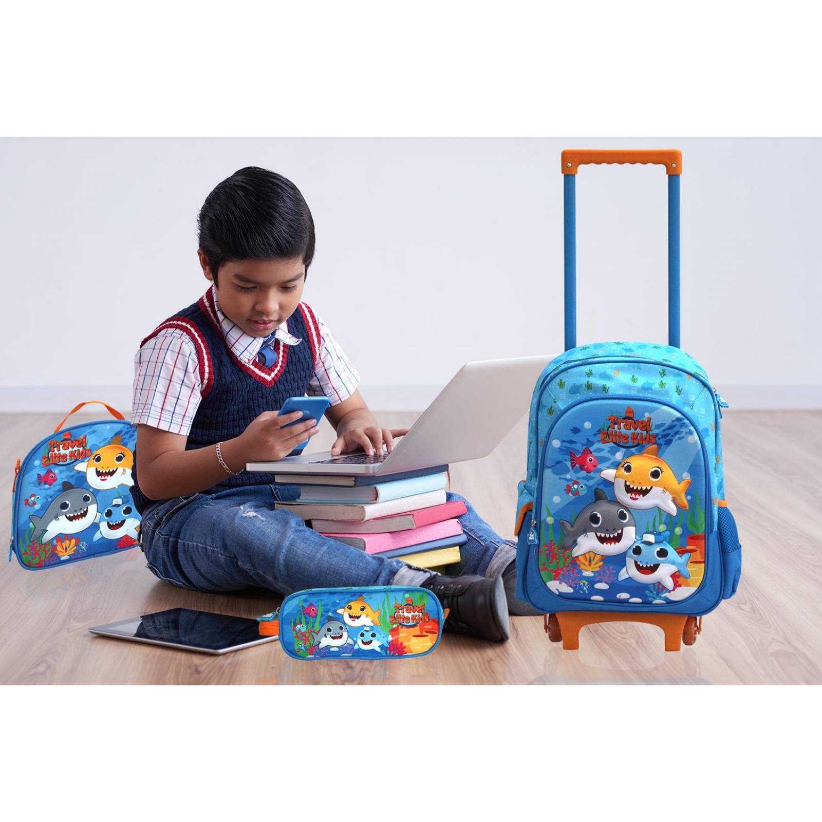 Kit De Mochila Escolar para Niño 3 piezas Carrito Lonchera Estuche Ruedas Azul