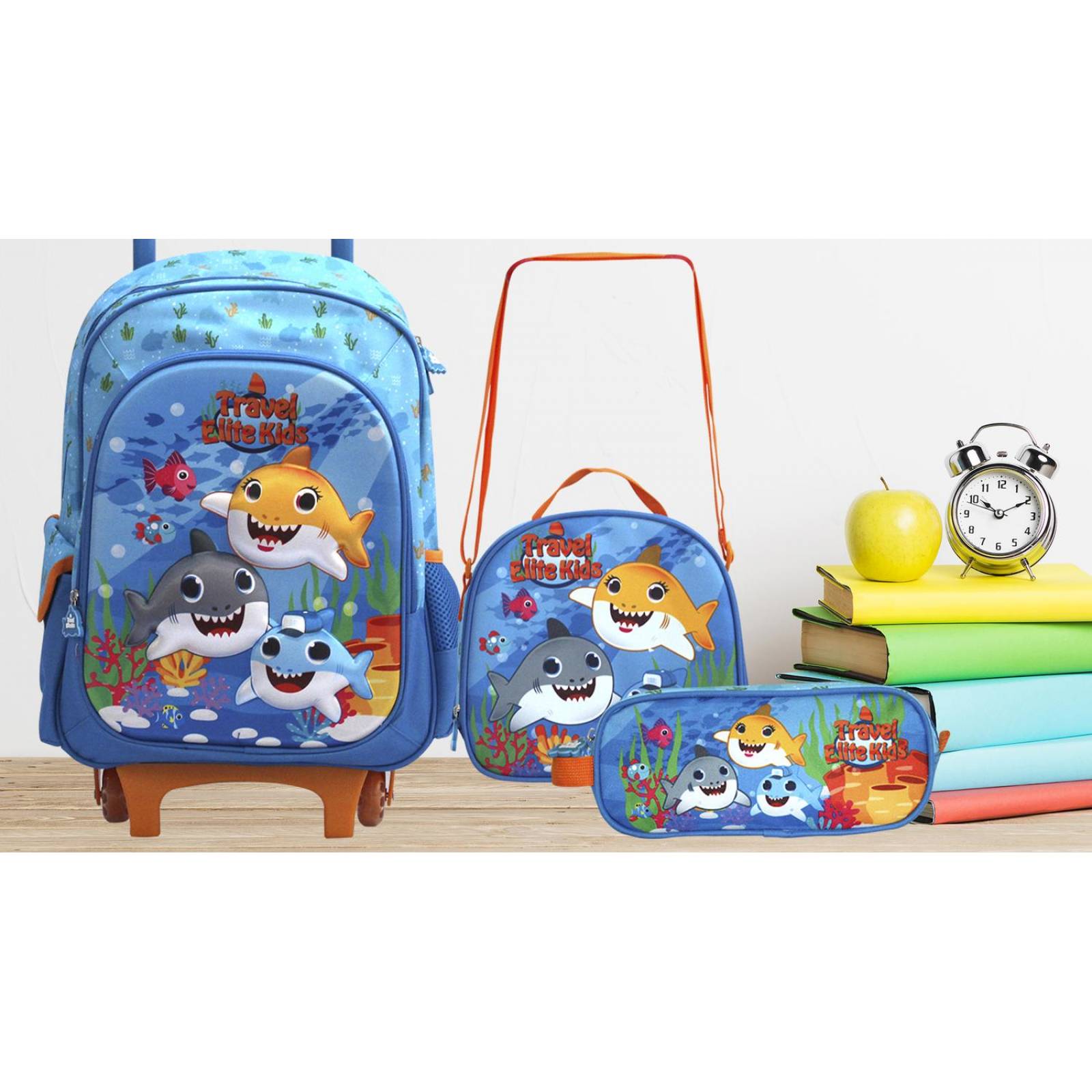 Kit De Mochila Escolar para Niño 3 piezas Carrito Lonchera Estuche Ruedas Azul