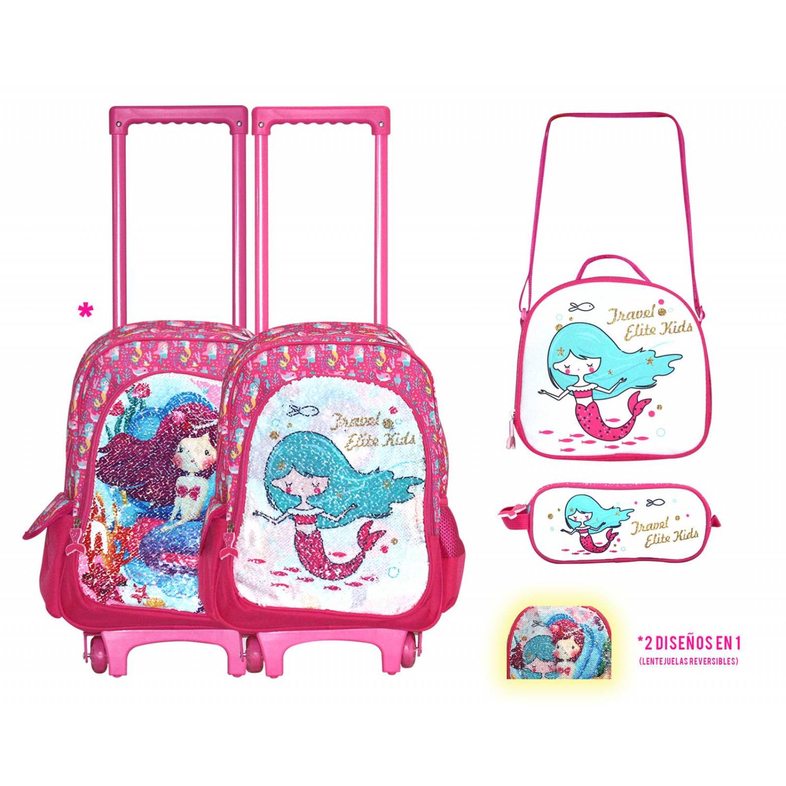 Kit de Mochila Escolar Travel Elite Con Ruedas Para Niña Rosa