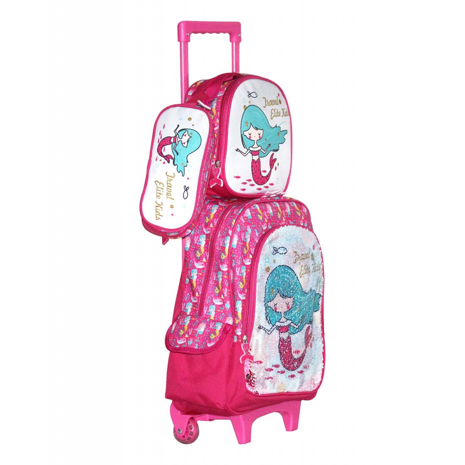 Kit de Mochila Escolar Travel Elite Con Ruedas Para Niña Rosa