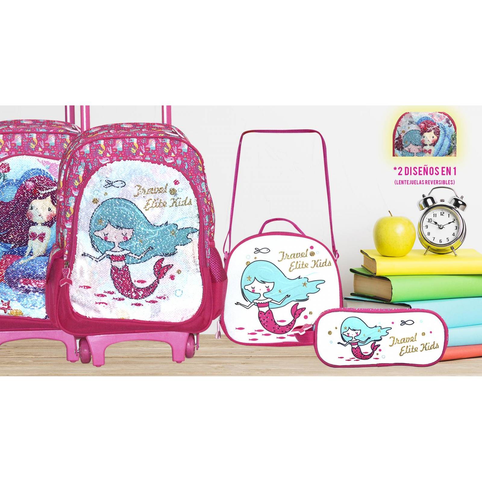 Kit de Mochila Escolar Travel Elite Con Ruedas Para Niña Rosa
