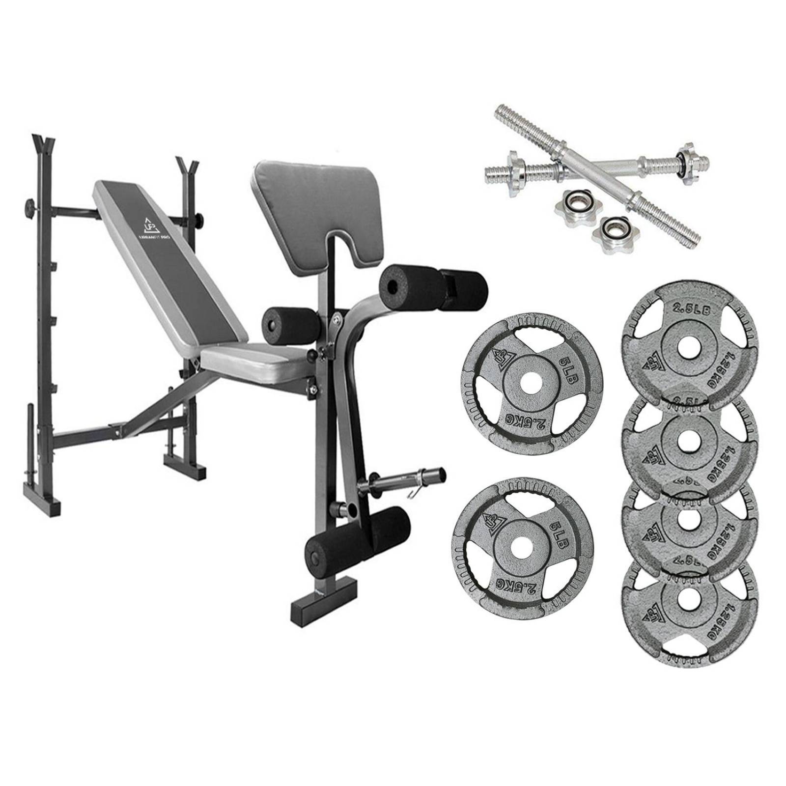 Banco Ejercicios 5 en 1 + Kit Pesas, Mancuernas 