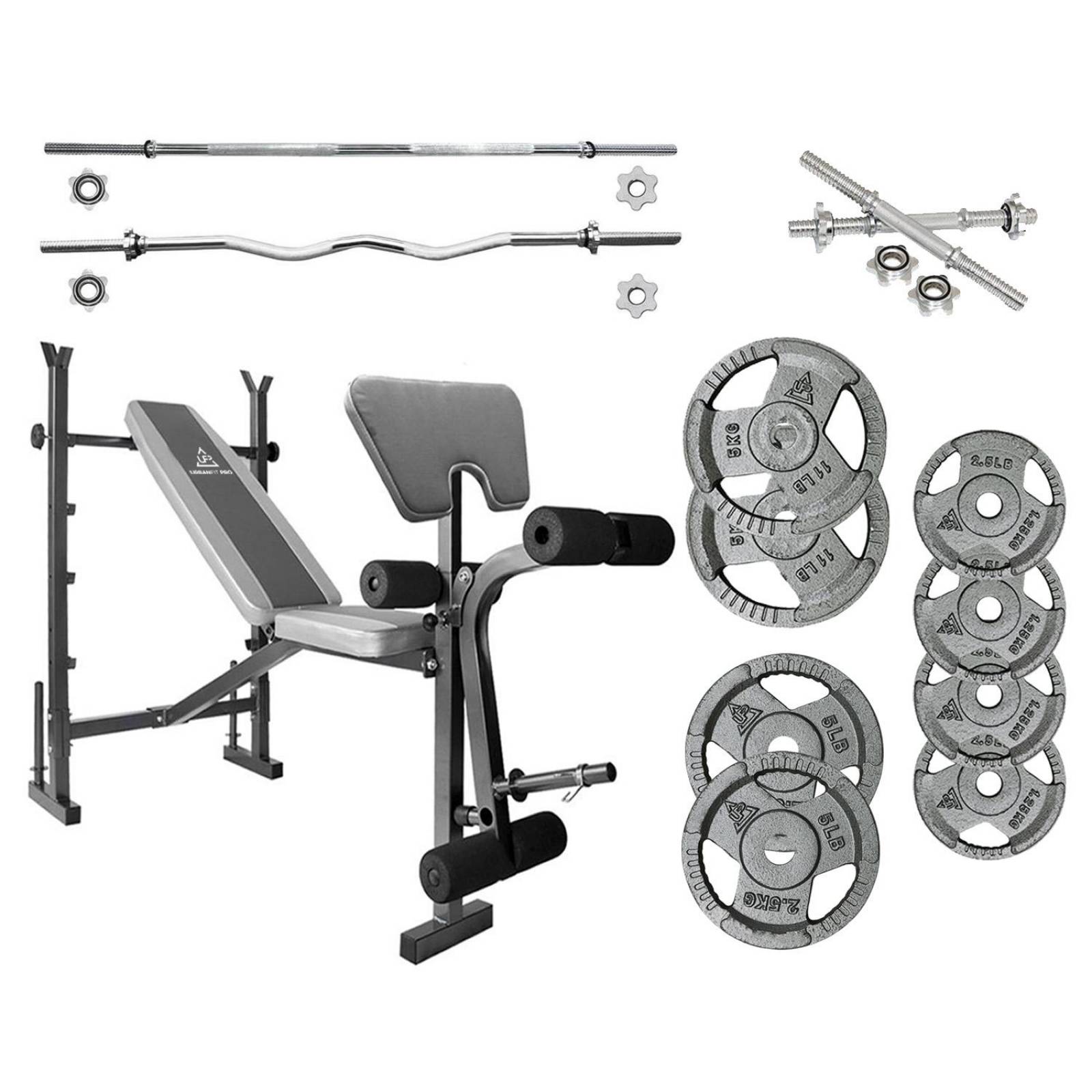 Banco Multiposiciones + Kit de Pesas Mancuernas 54 Lbs 