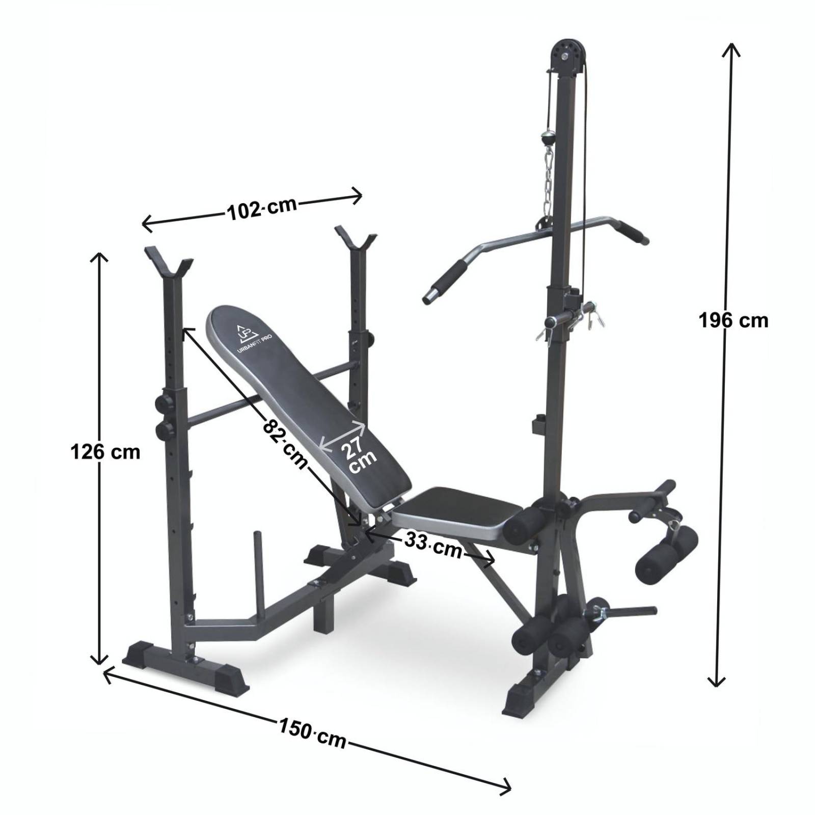 Kit Banco con Polea 54 lb Discos Barra Plana Z y mancuernas