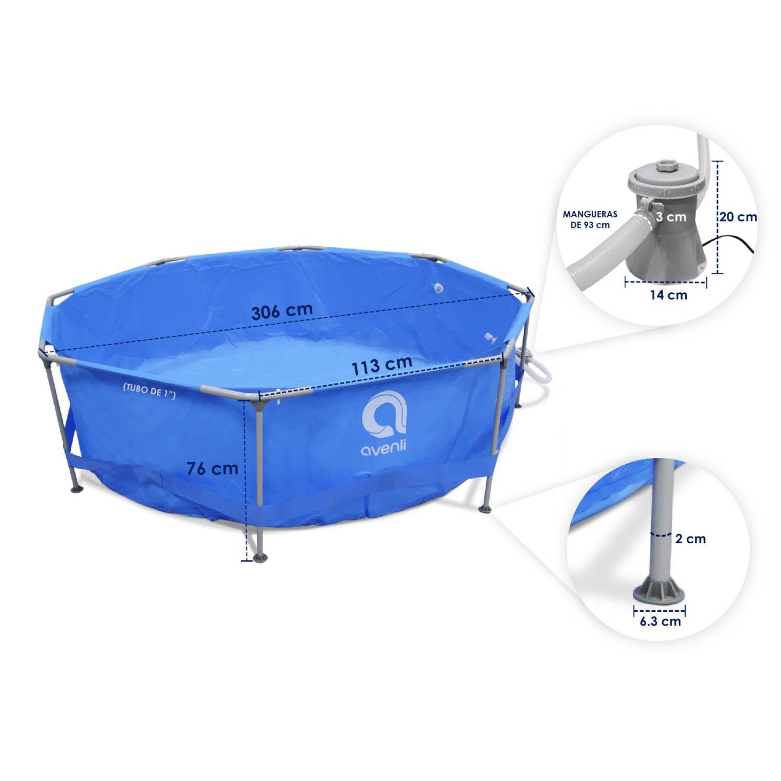 Alberca Piscina Armable Redonda Acero 306x76cm Familiar Azul