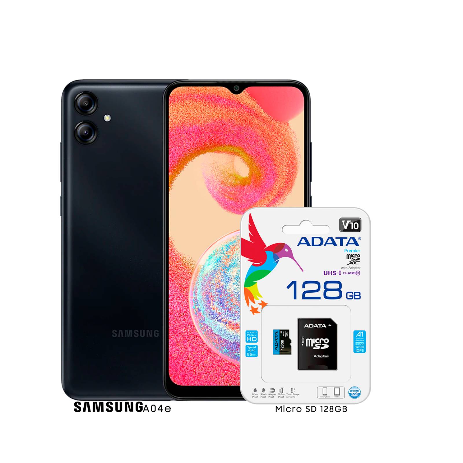 Combo Celular Samsung Galaxy A04e Batería 5000 mAh Negro   Memoria microSD 128GB.