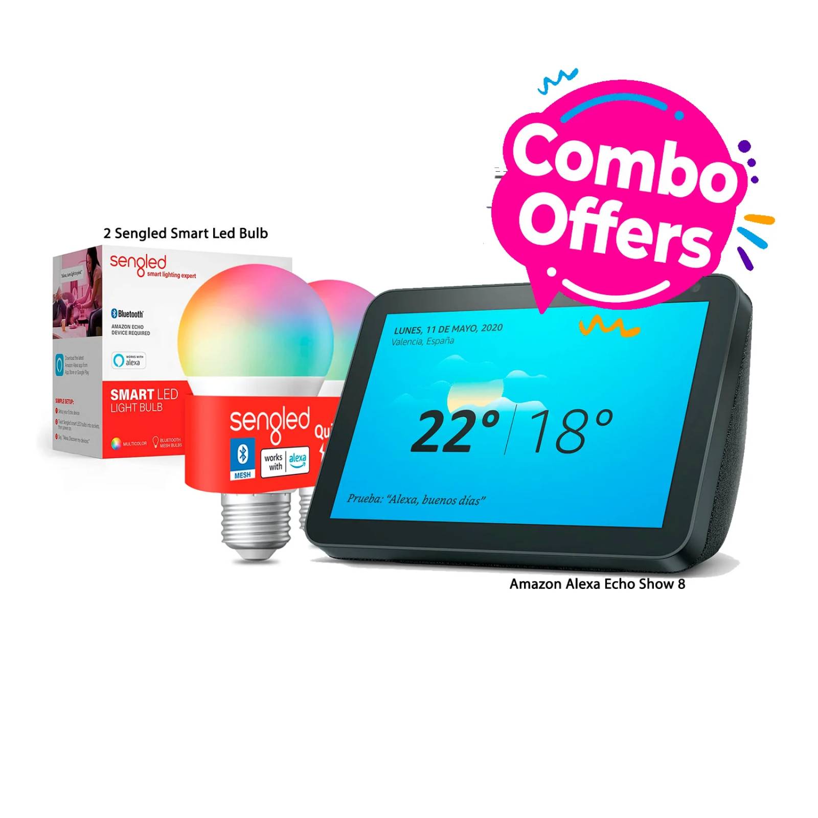 Combo Amazon Alexa Echo Show 8 con pantalla de 8 Pulgadas 2 Focos Inteligentes SENGLED