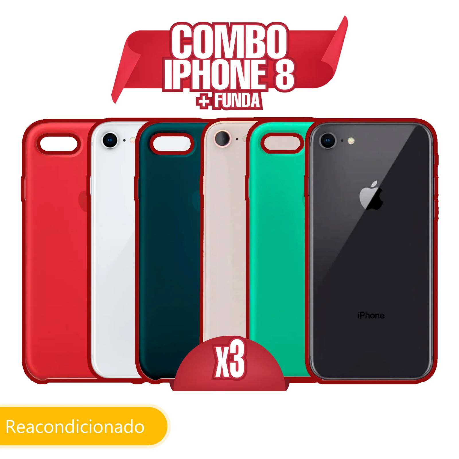 Combo 3 Celulares Reacondicionados Grado A iPhone 8 64GB (Dorado  Plata y Negro)  3 Fundas de Regalo