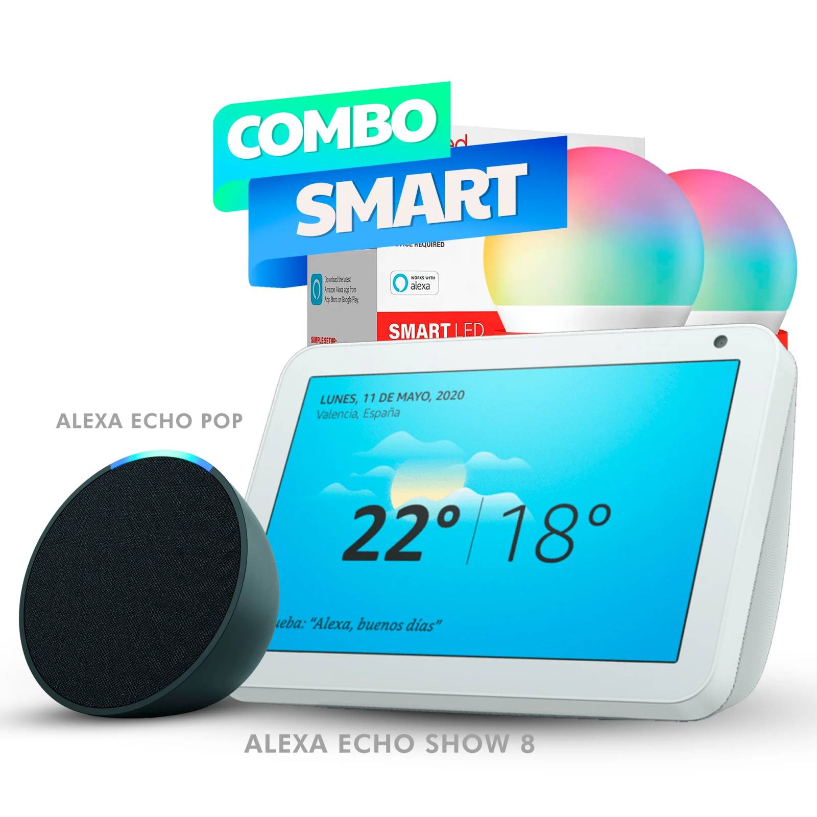 Combo Alexas Echo Pop (Negro) y Echo Show 8 Pulgadas (Blanco) Reacondicionado 2 Focos inteligentes