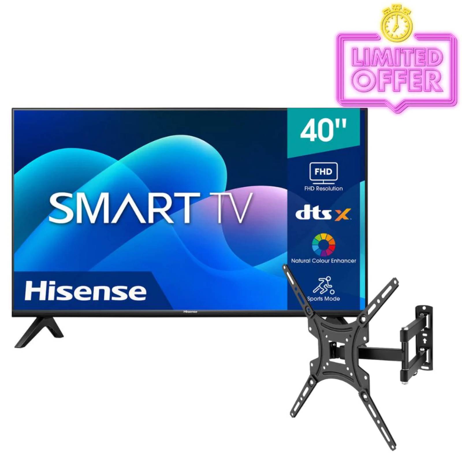 Combo Hisense Serie A4 40 Pulgadas Clase FHD Smart  (40A4H) Negro   Soporte para TV