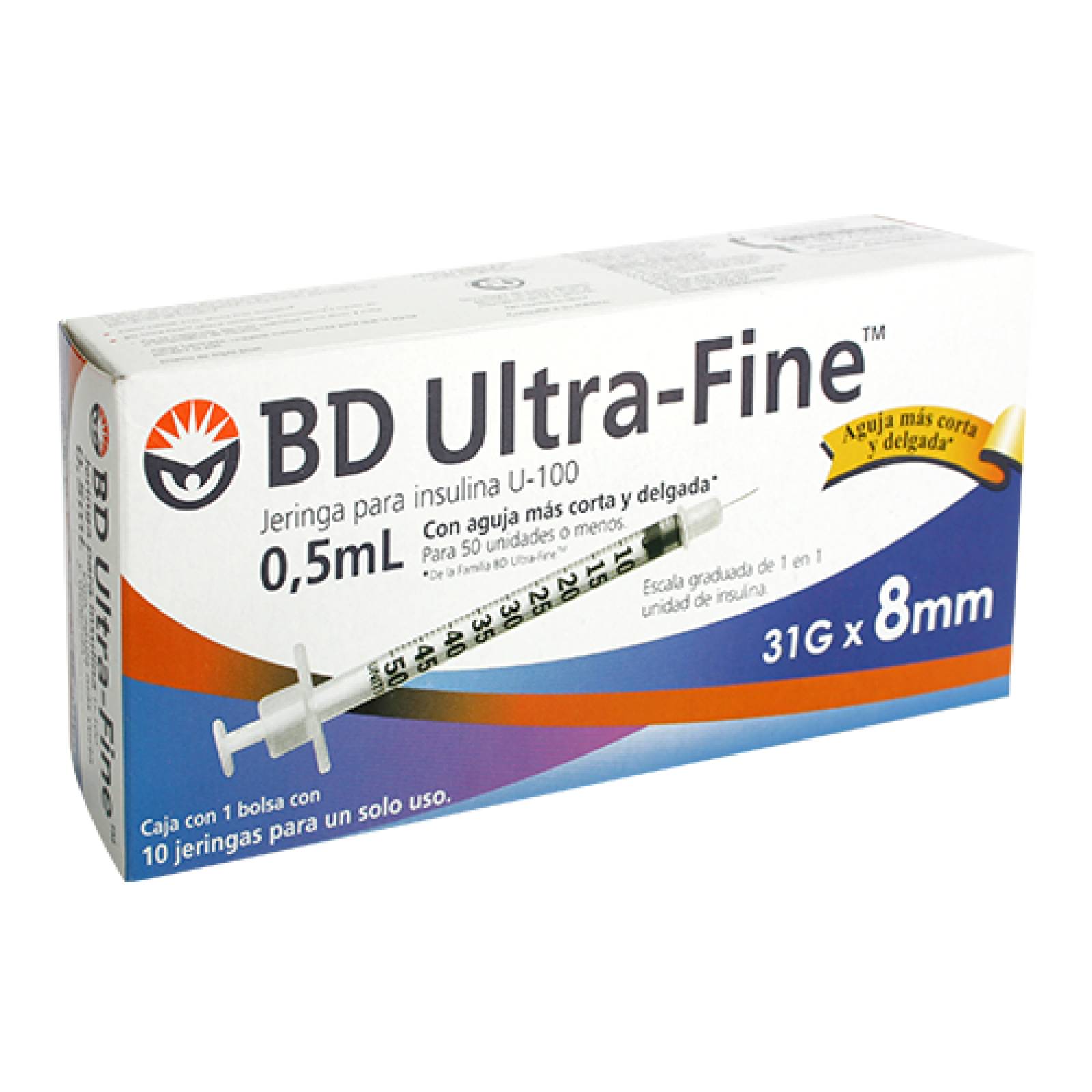 JERINGA PARA INSULINA BD ULTRA FINE 0.5ML 31GX8MM CON 10