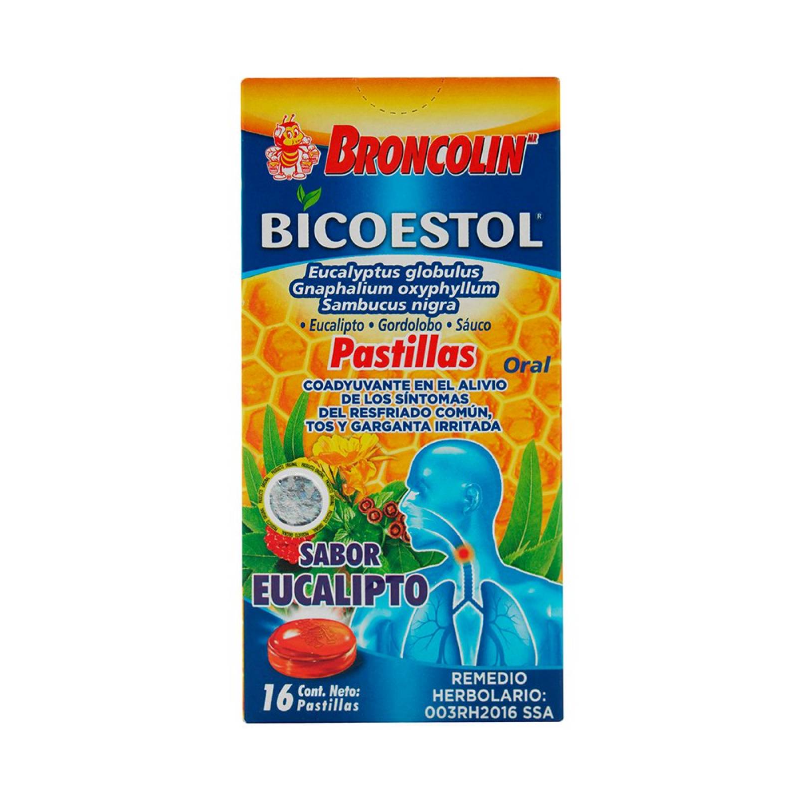 BRONCOLIN BICOESTOL PASTILLAS P/ TOS SABOR EUCALIPTO 16 PZS