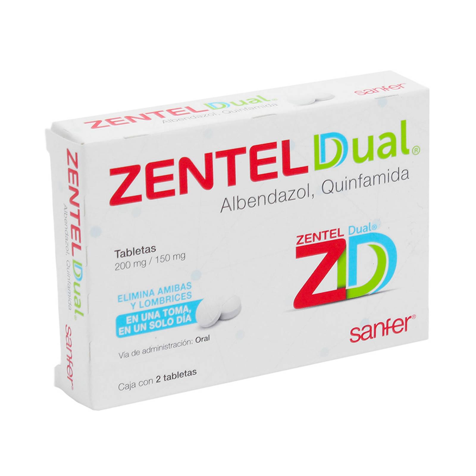 ZENTEL DUAL ELIMINA AMIBAS Y LOMBRICES EN 1 TOMA 2 TAB