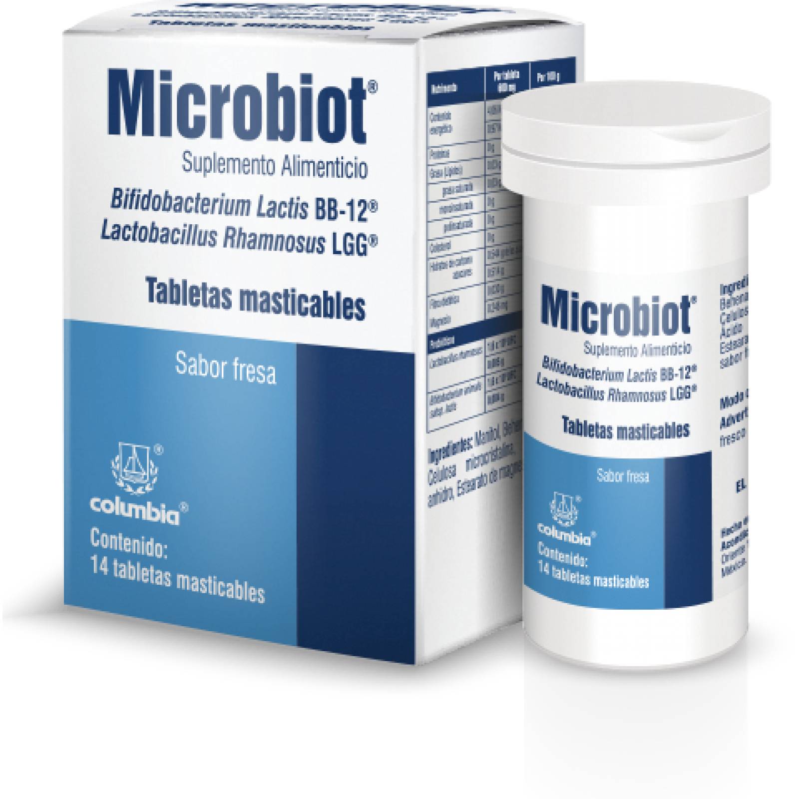 MICROBIOT SABOR FRESA MASTICABLE 14 TABLETAS CAJA LACTOBACILLUS RHAMNOSUS GG 1600000000 UFC