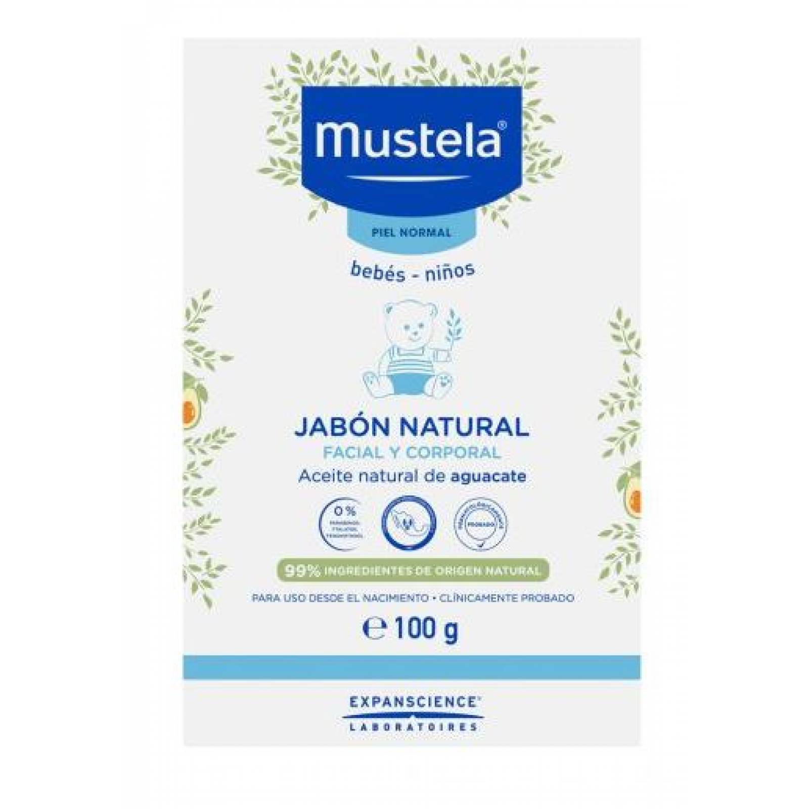 MUSTELA JABÓN NATURAL CON ACEITE NATURAL DE AGUACATE PARA BEBÉS CON PIEL NORMAL 100 GR BARRA