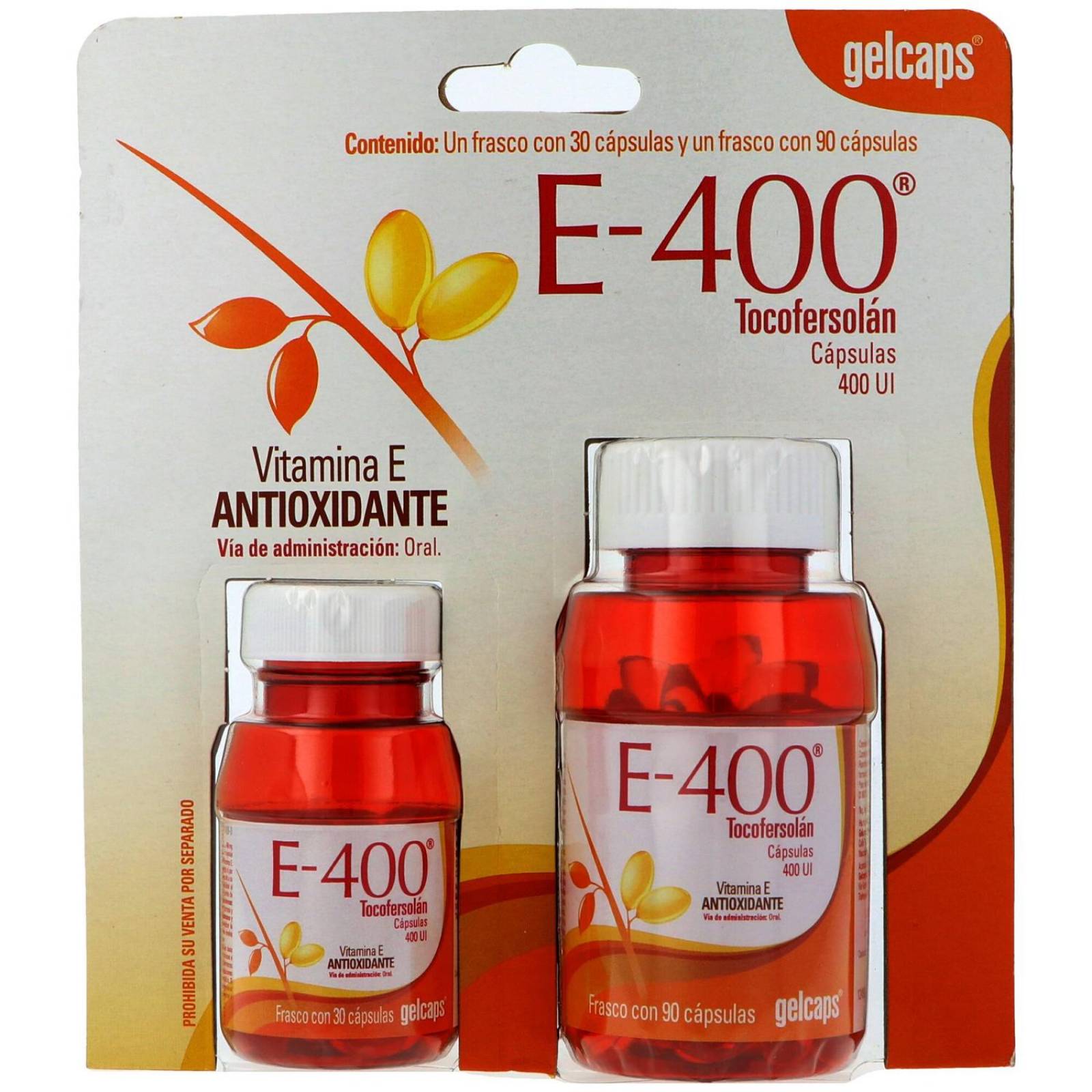 Vitamina E 400 Gelcaps 2 Frascos 1 Con 90 Cápsulas y 1 Con 30 Cápsulas 