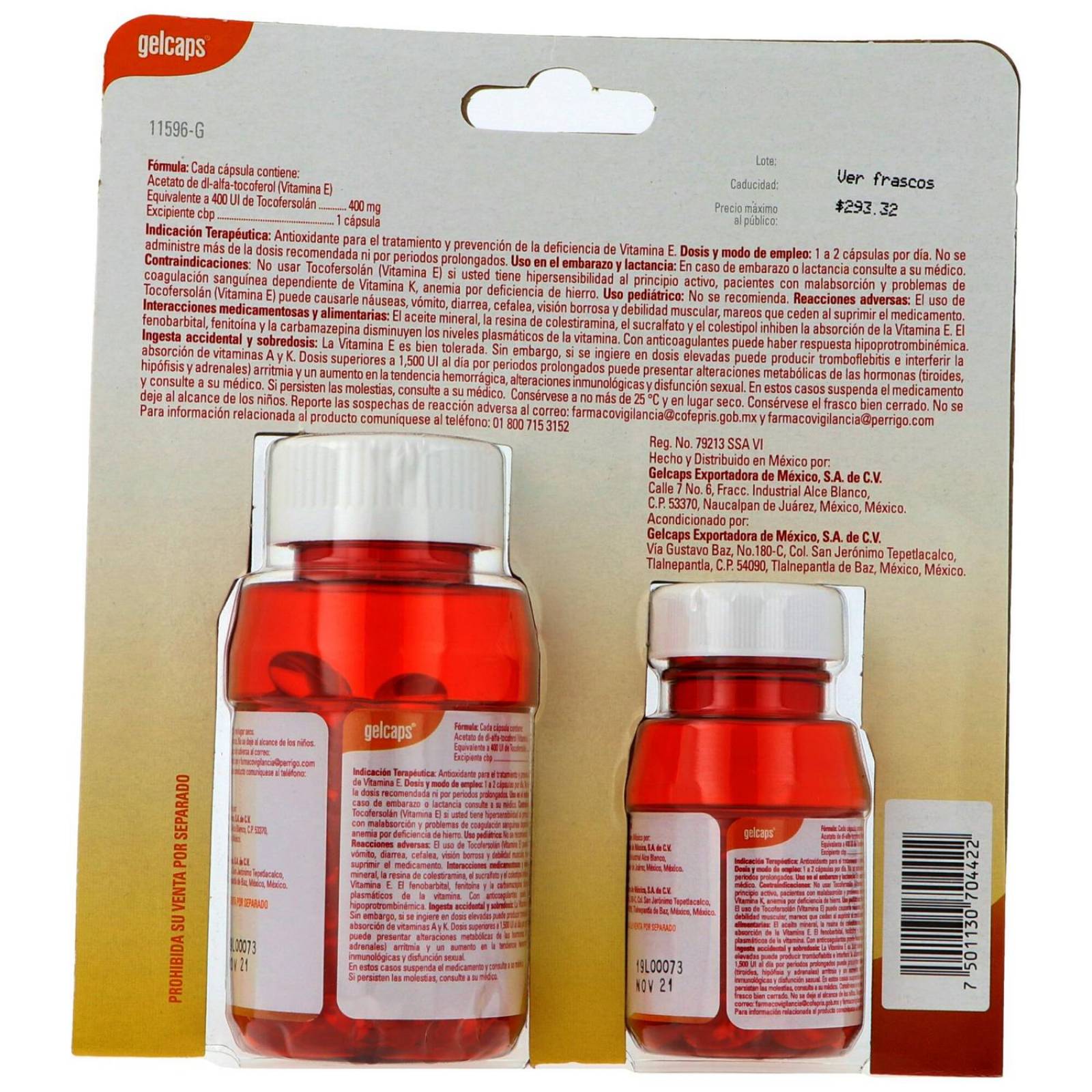 Vitamina E 400 Gelcaps 2 Frascos 1 Con 90 Cápsulas y 1 Con 30 Cápsulas 