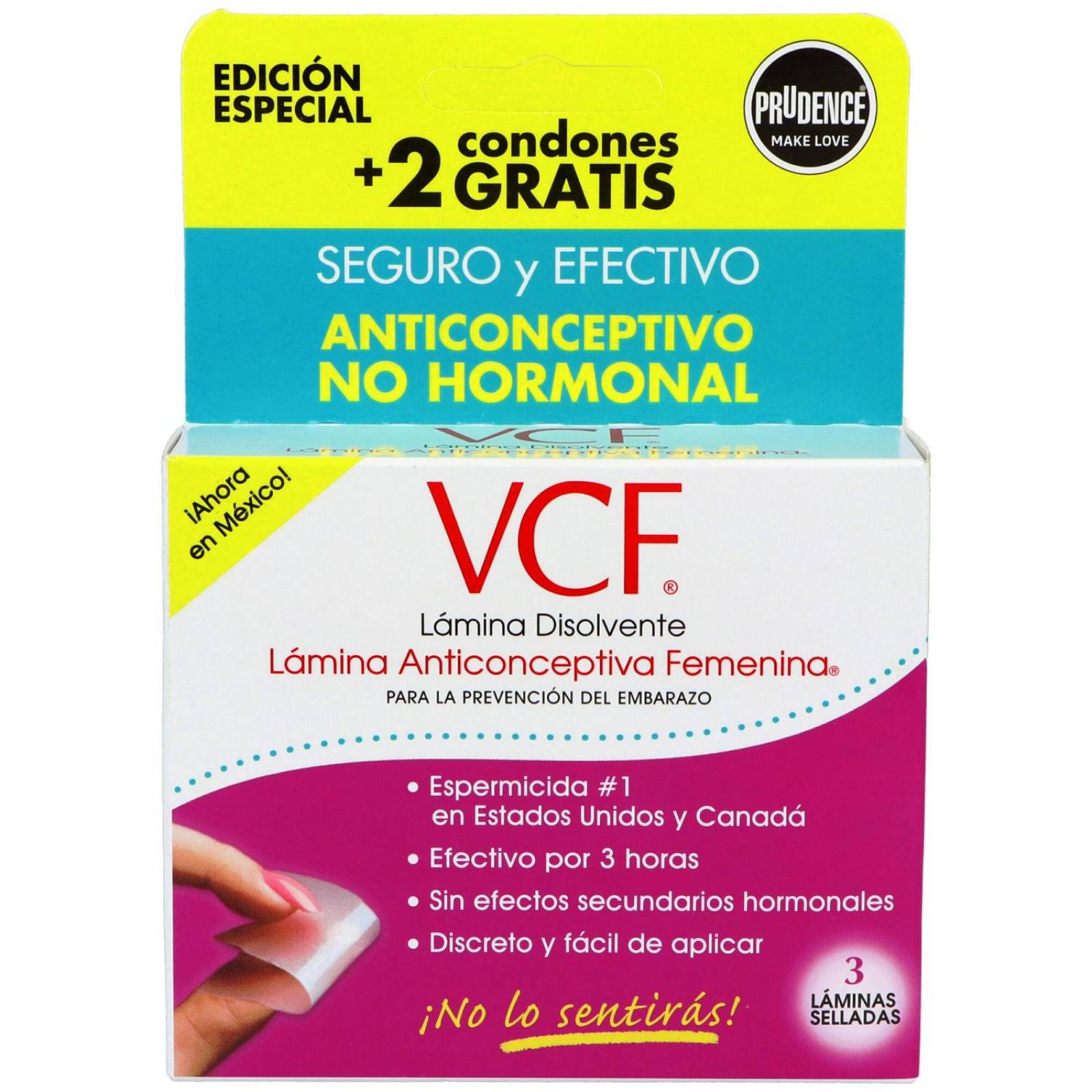 VCF Lámina Anticonceptiva Femenina Caja Con 3 Piezas + 2 Condones 