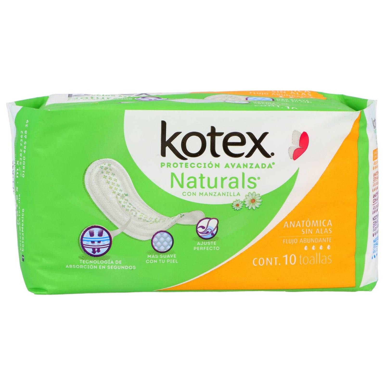 Kotex Natural Manzanilla Paquete Con 10 Toallas Femeninas Anatómicas Sin Alas 