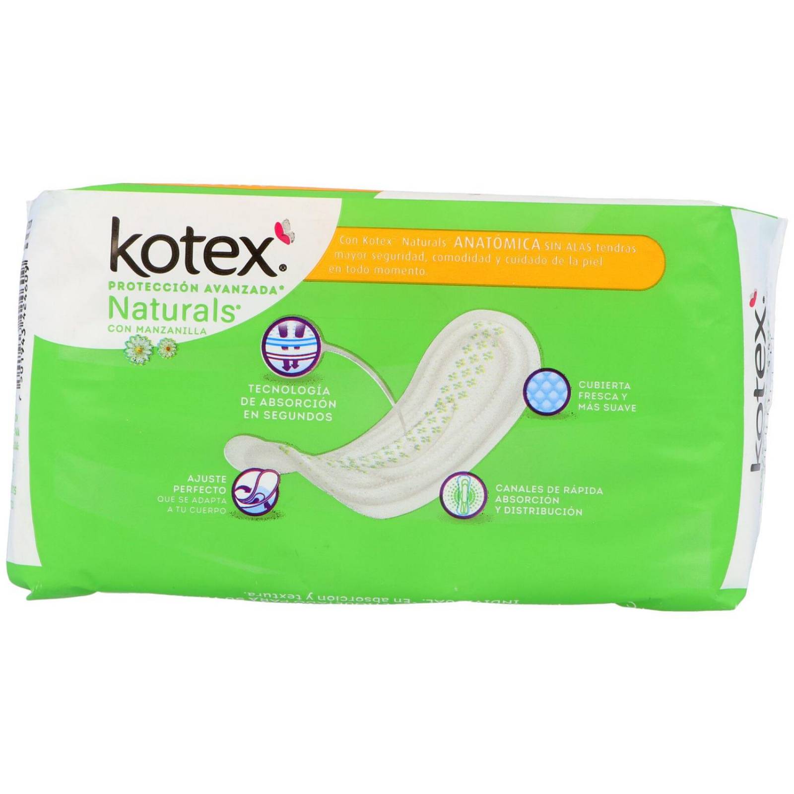 Kotex Natural Manzanilla Paquete Con 10 Toallas Femeninas Anatómicas Sin Alas 