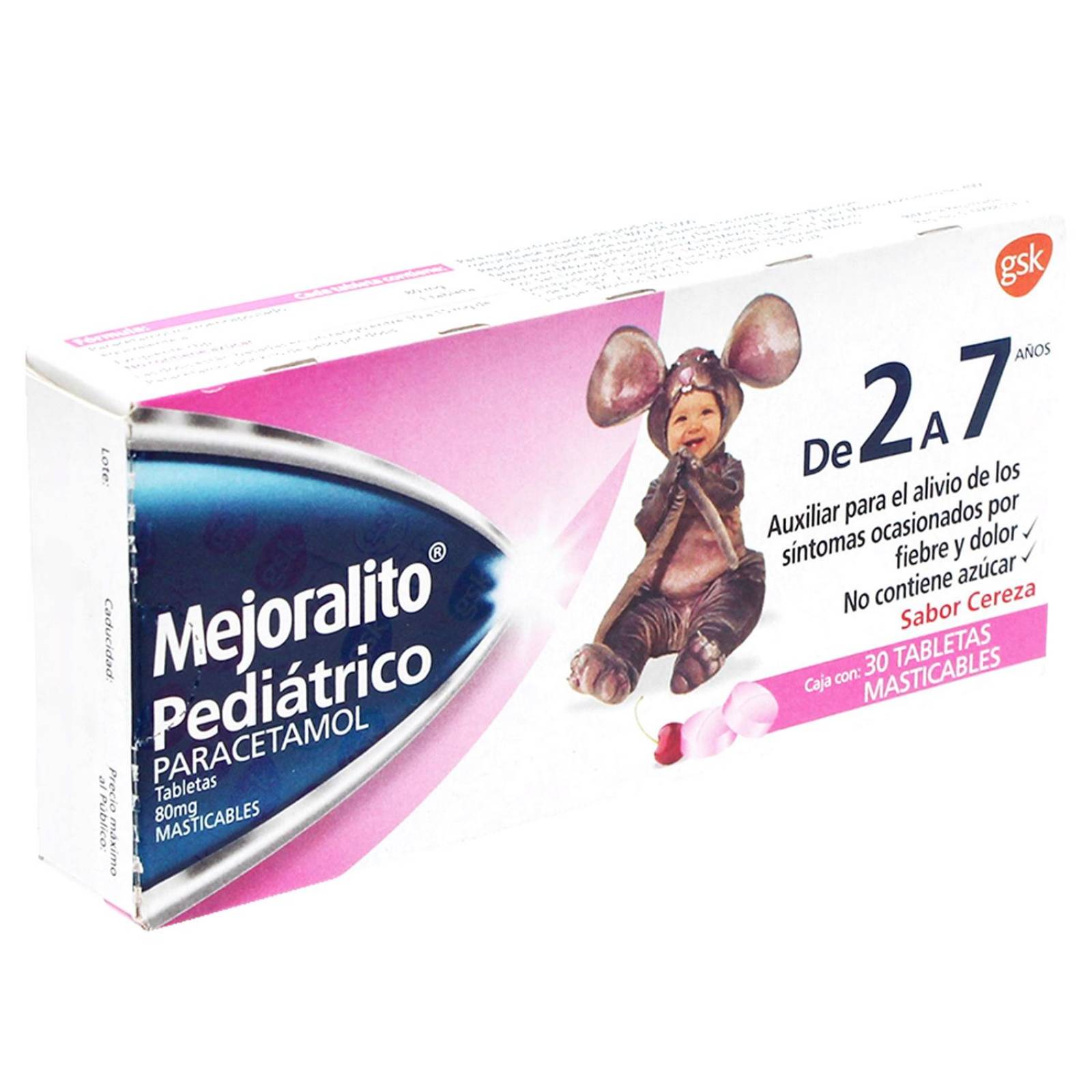 Mejoralito Pediátrico 80 mg Caja Con 30 Tabletas Sabor Cereza 