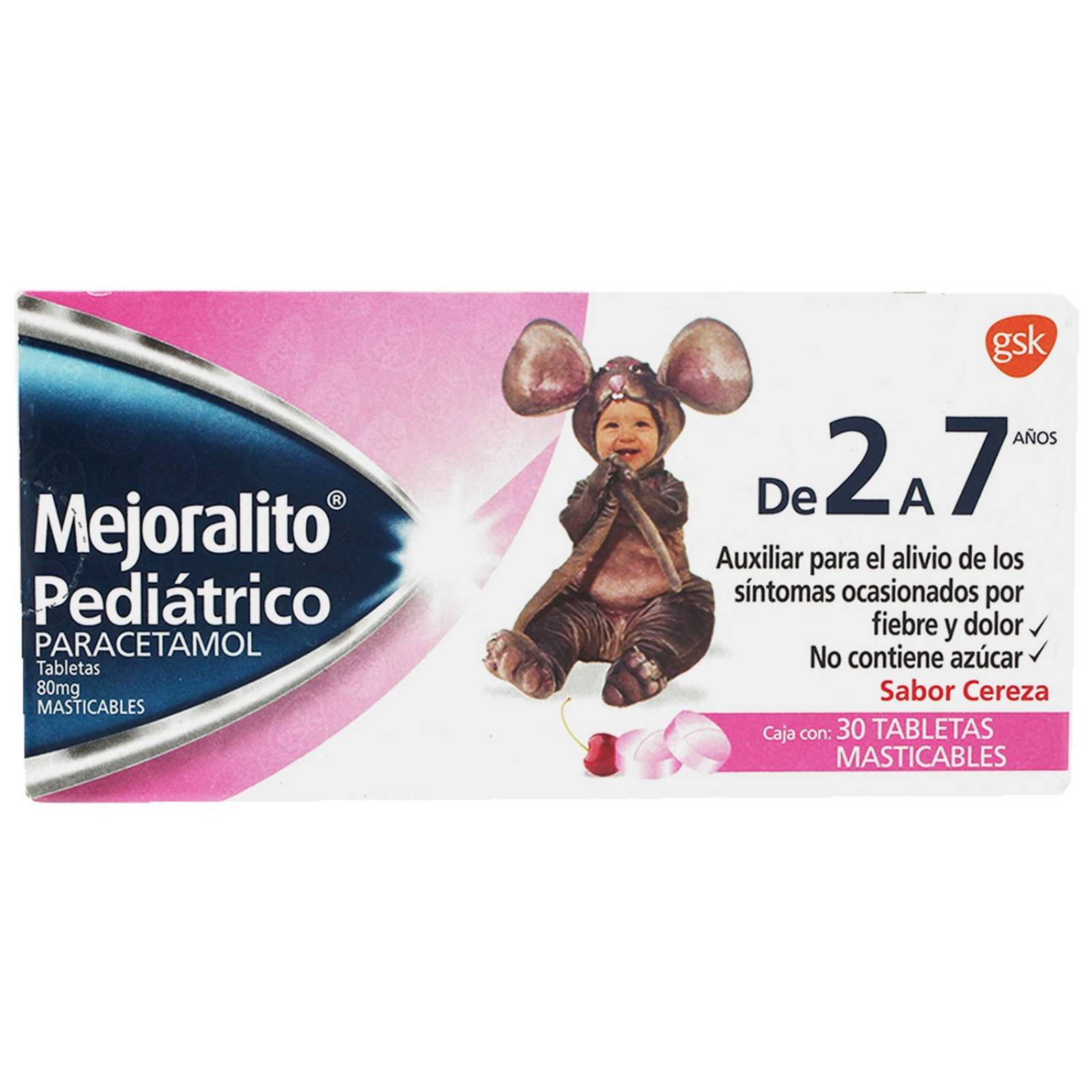 Mejoralito Pediátrico 80 mg Caja Con 30 Tabletas Sabor Cereza 