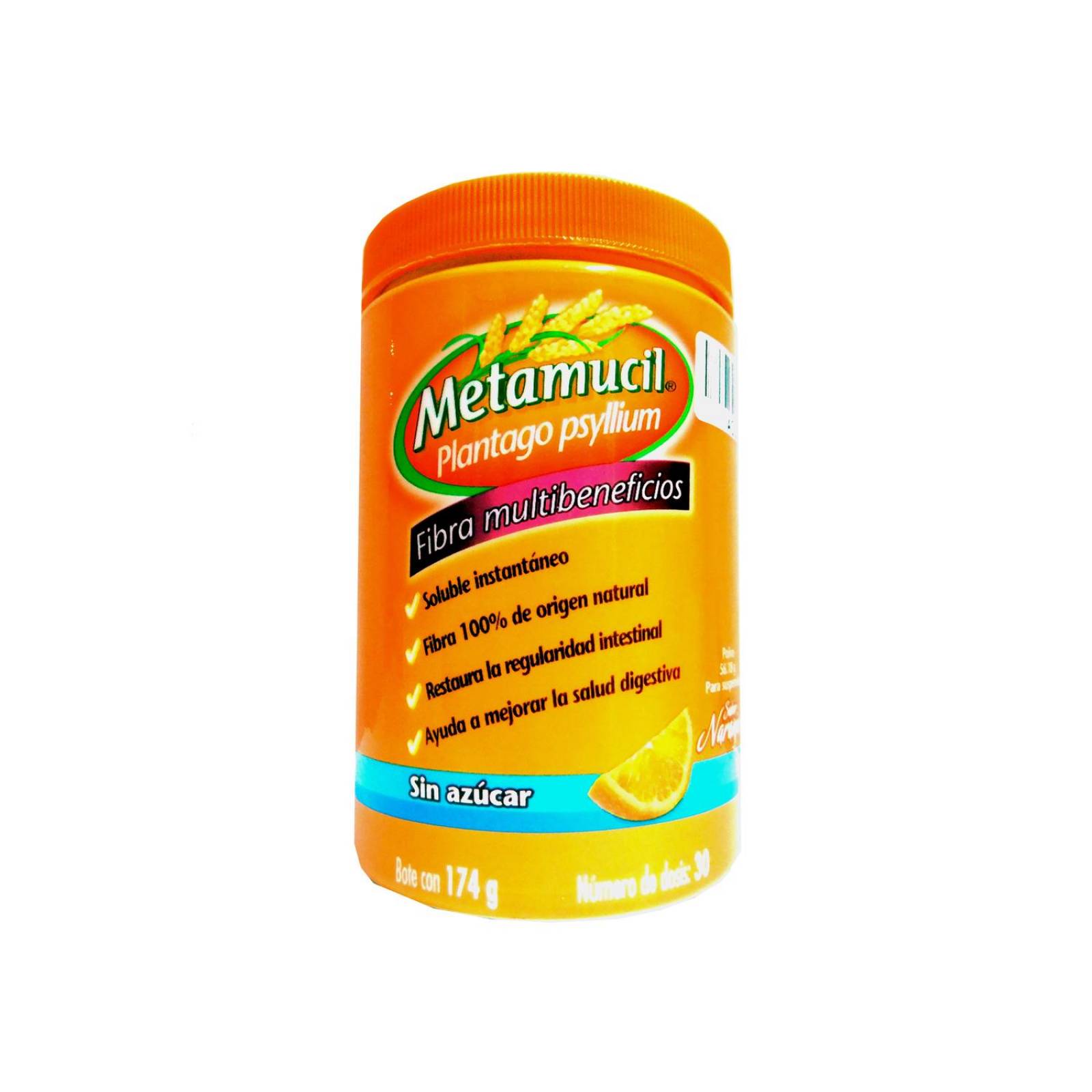 Metamucil Polvo Soluble Instantáneo Sin Azúcar Tarro Con 174 g Sabor Naranja 
