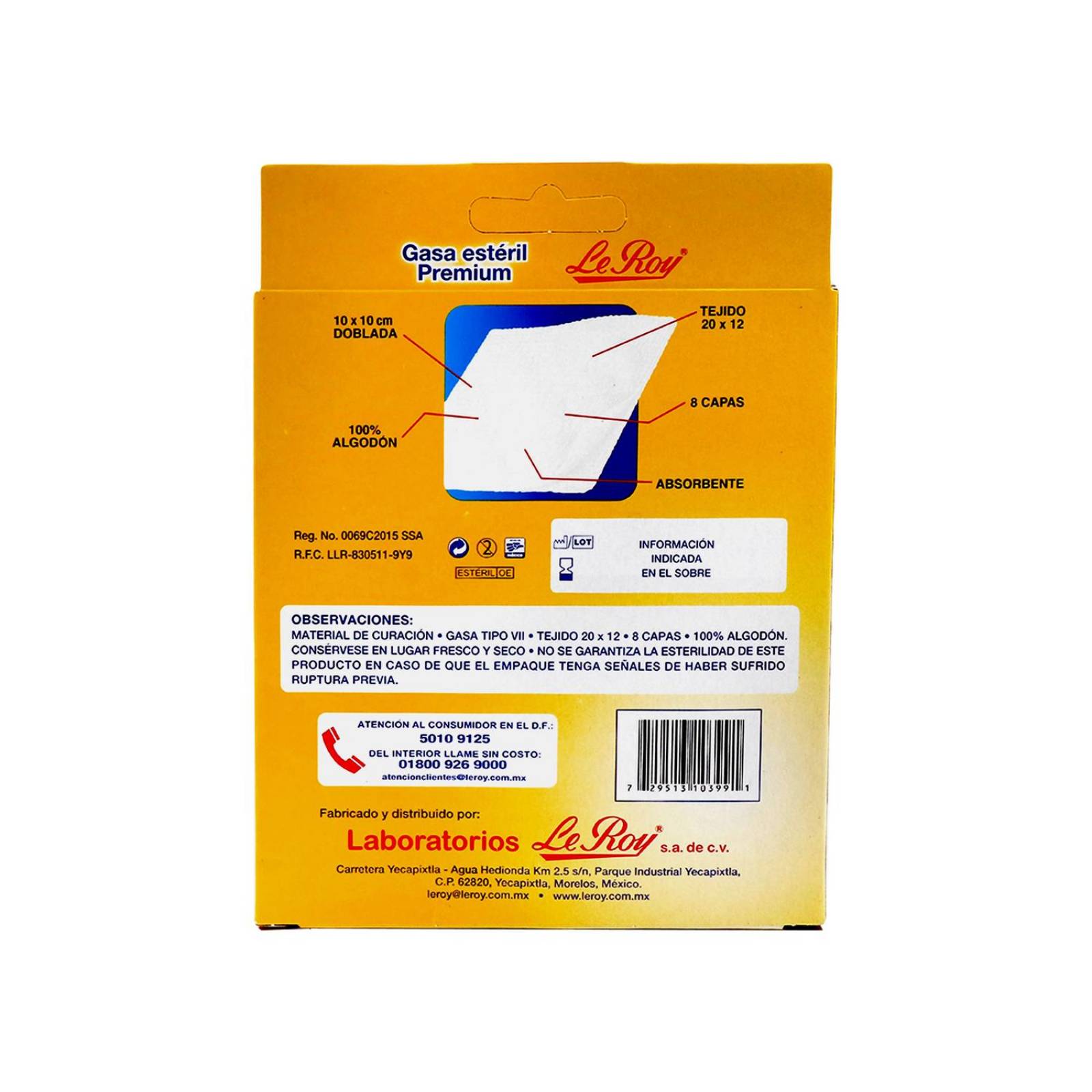Le Roy Gasa Estéril Premium 10x10cm Caja Con 10 Piezas 