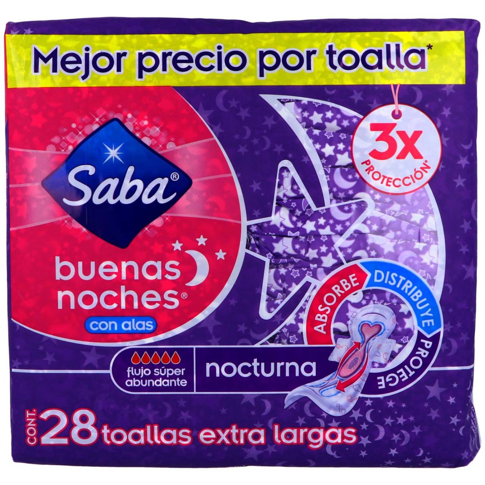 Saba Buenas Noches Con Alas Toallas Sanitarias Paquete Con 28 Piezas 