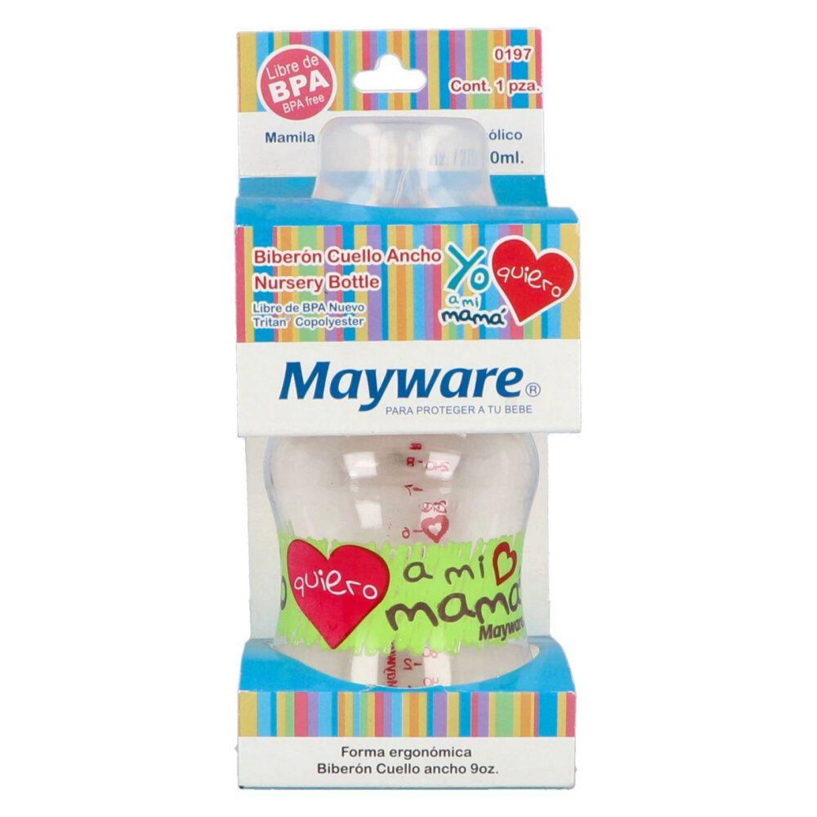 Biberon Mayware Cuello Ancho 9 Oz Caja Con 1 Pieza 