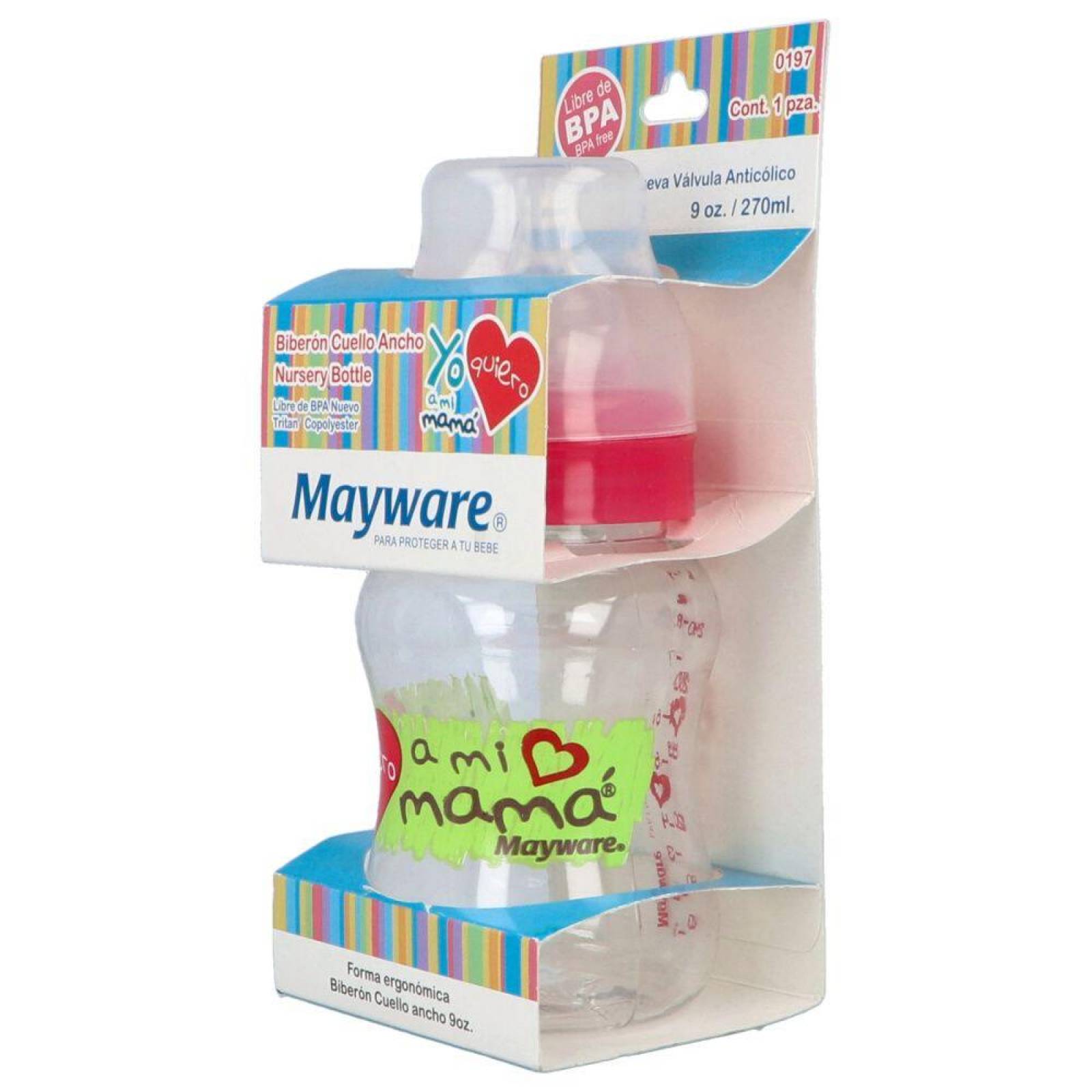 Biberon Mayware Cuello Ancho 9 Oz Caja Con 1 Pieza 