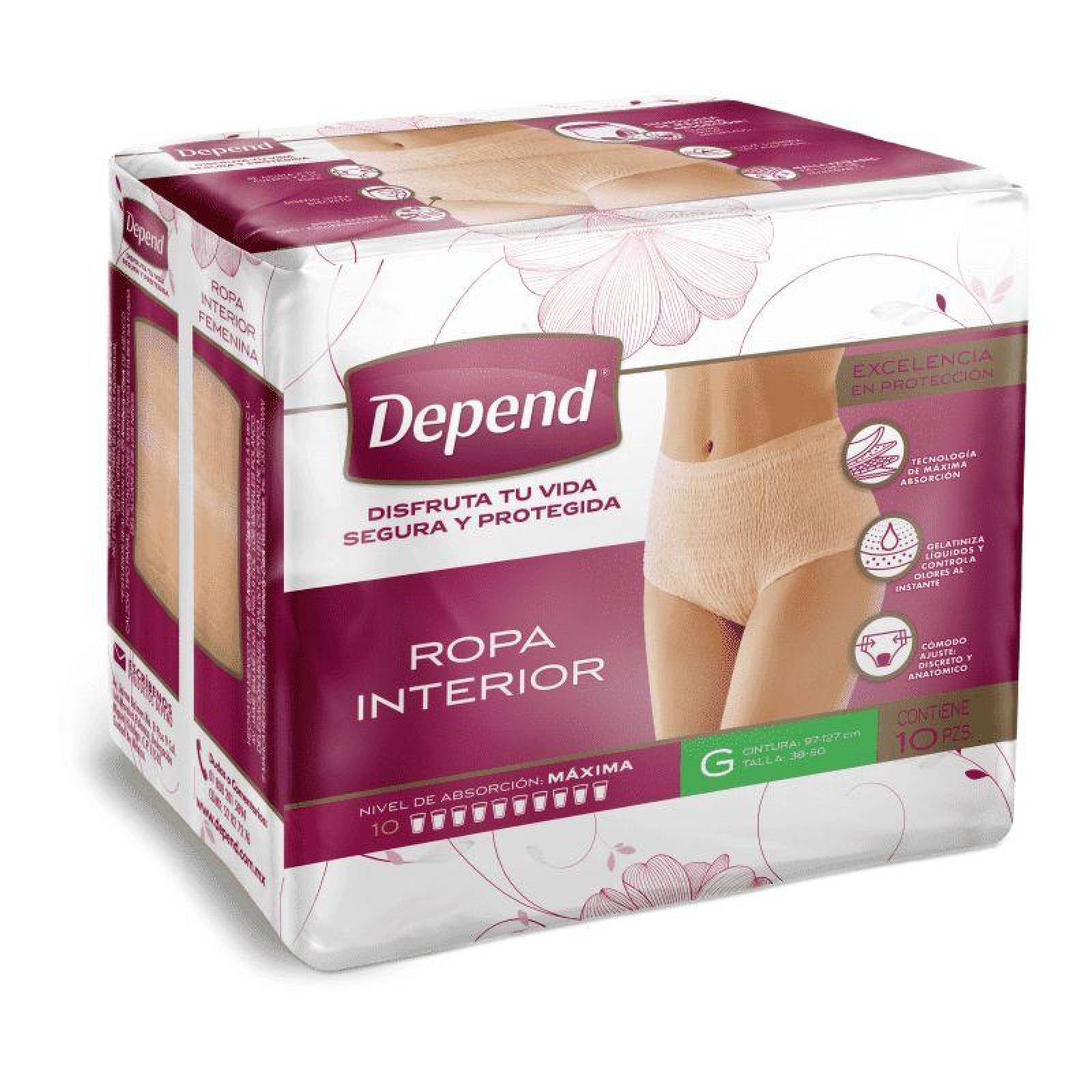 Ropa Interior Depend Mujer Talla Grande 44-54 Bolsa Con 10 Piezas 