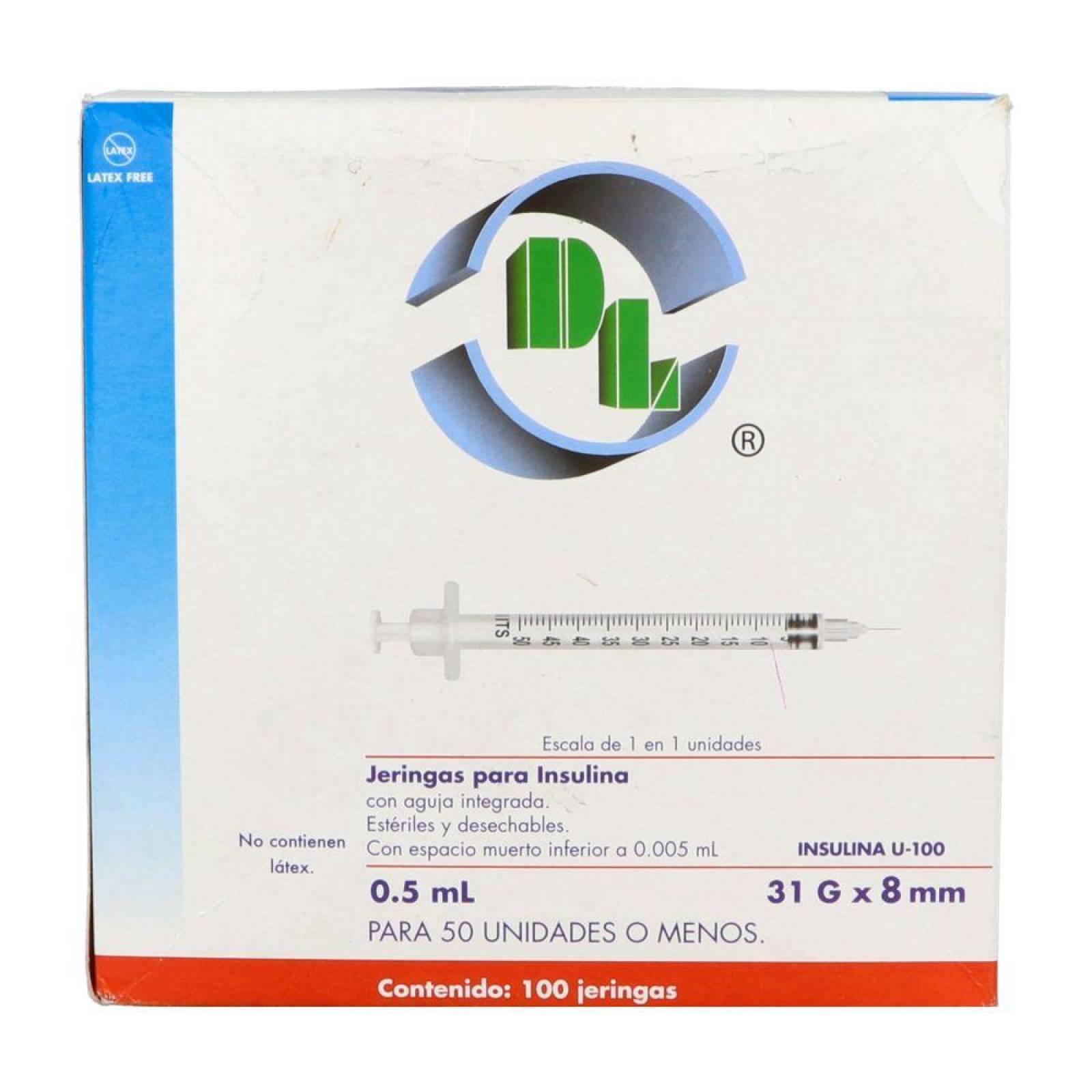 Jeringas de insulina 0,5 ml con aguja de 0,30 mm X 13 mm. Caja de 1