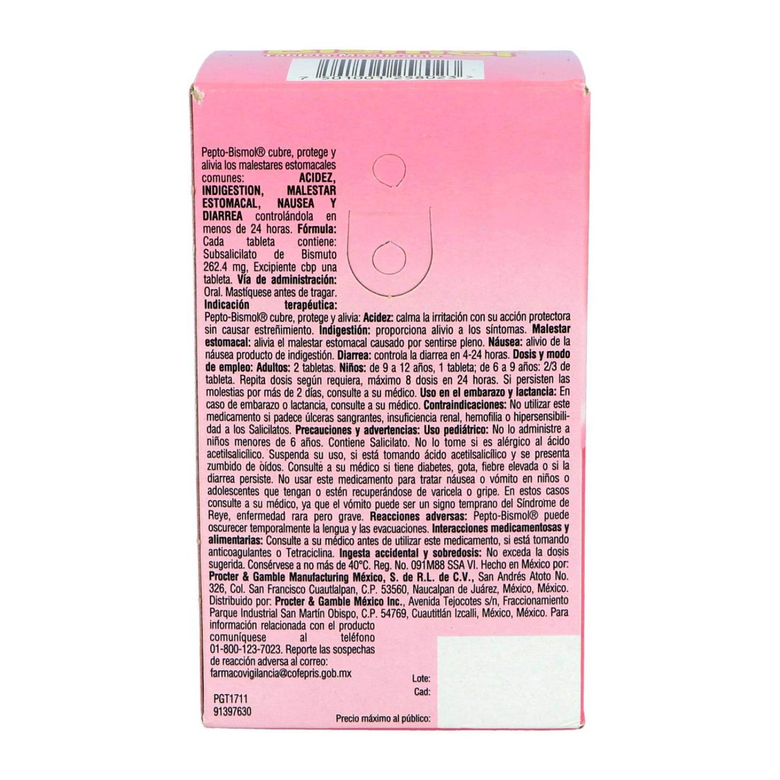 Pepto Bismol 262 mg Caja Con 100 Tabletas Masticables 