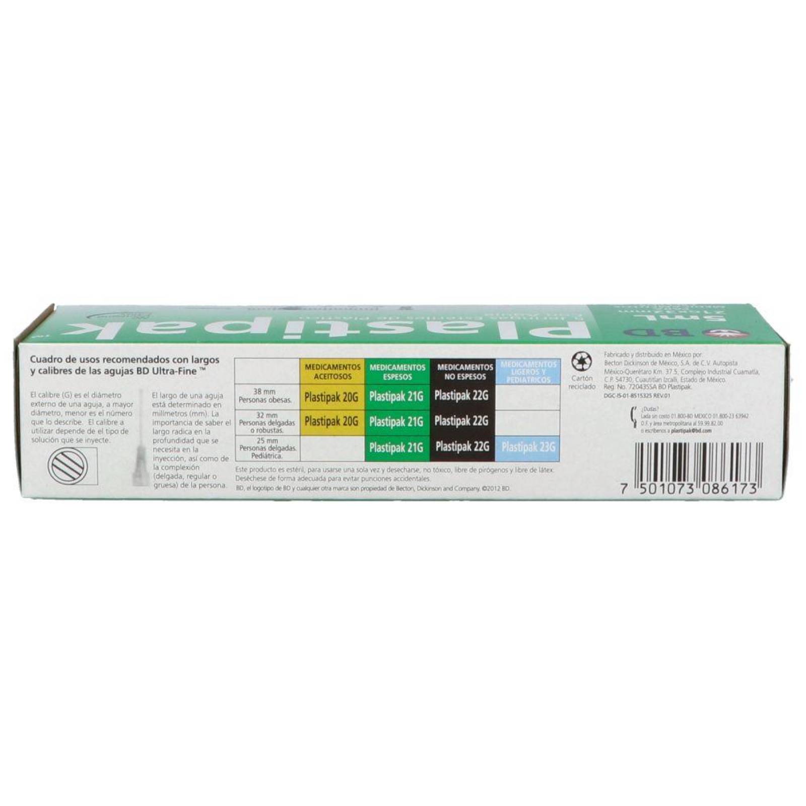 BD Plastipak Caja Con 5 Jeringas Estériles De 5 mL 21gX32mm 