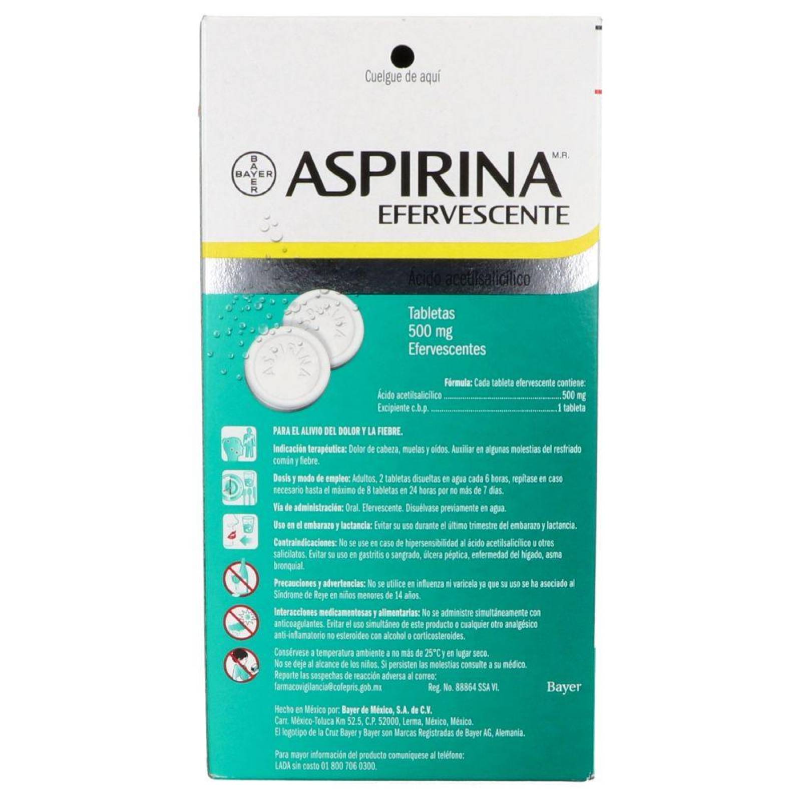 Aspirina Efervescente 500 mg Caja Con 60 Tabletas 