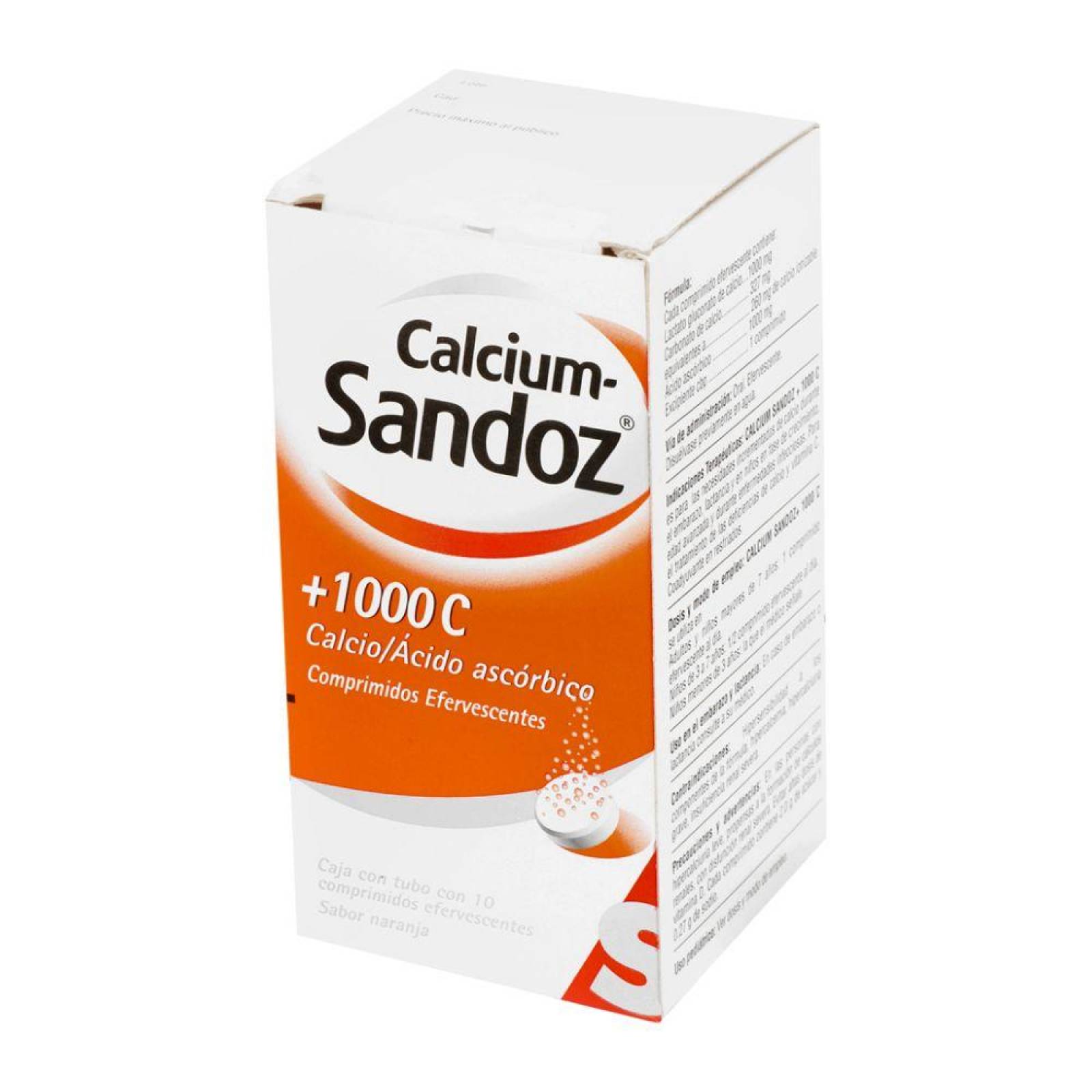 Calcium Sandoz +1000C Caja Tubo 10 Comprimidos Efervescentes de Naranja 