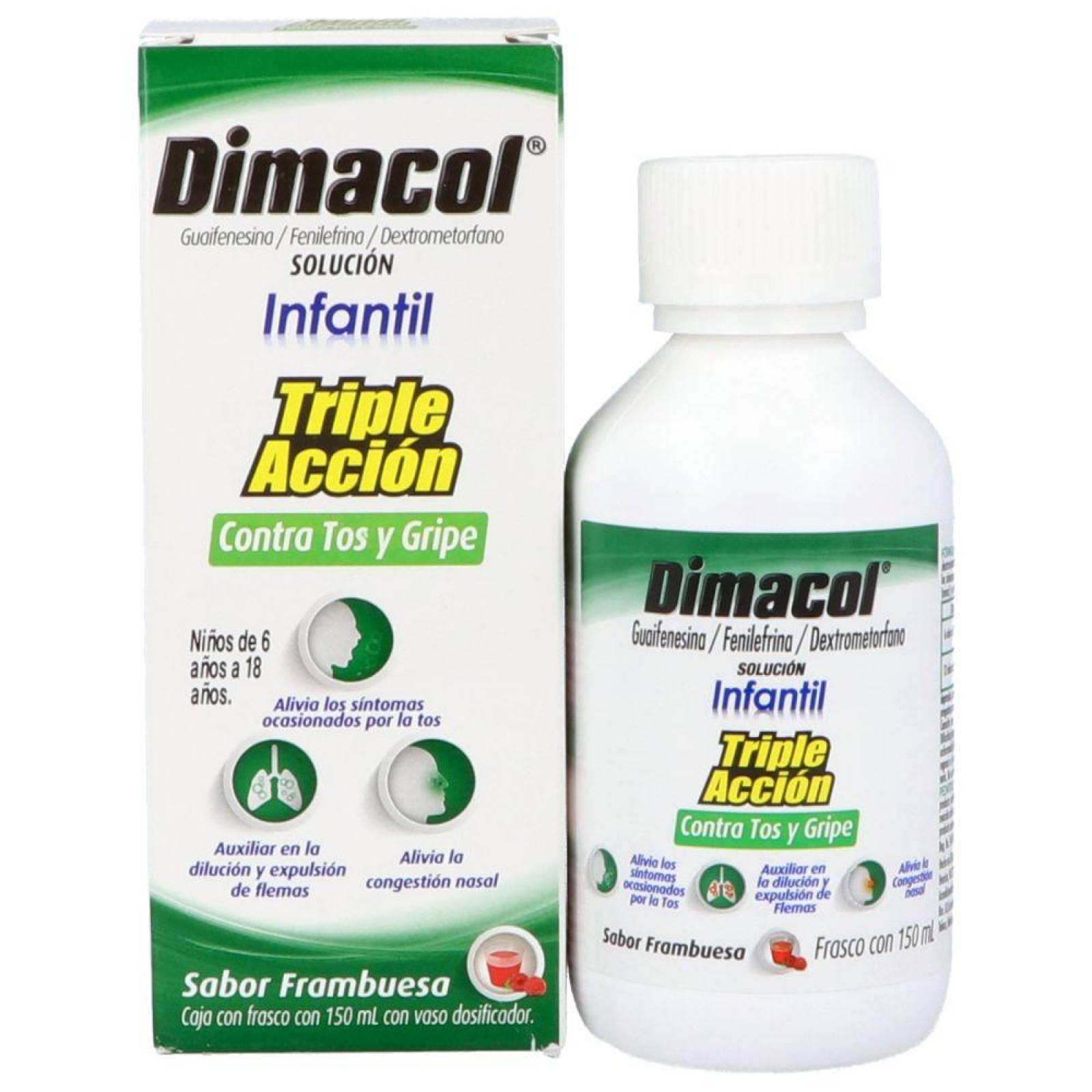 Dimacol Infantil Solución Triple Acción Caja Con Frasco Con 150mL Sabor Frambuesa 