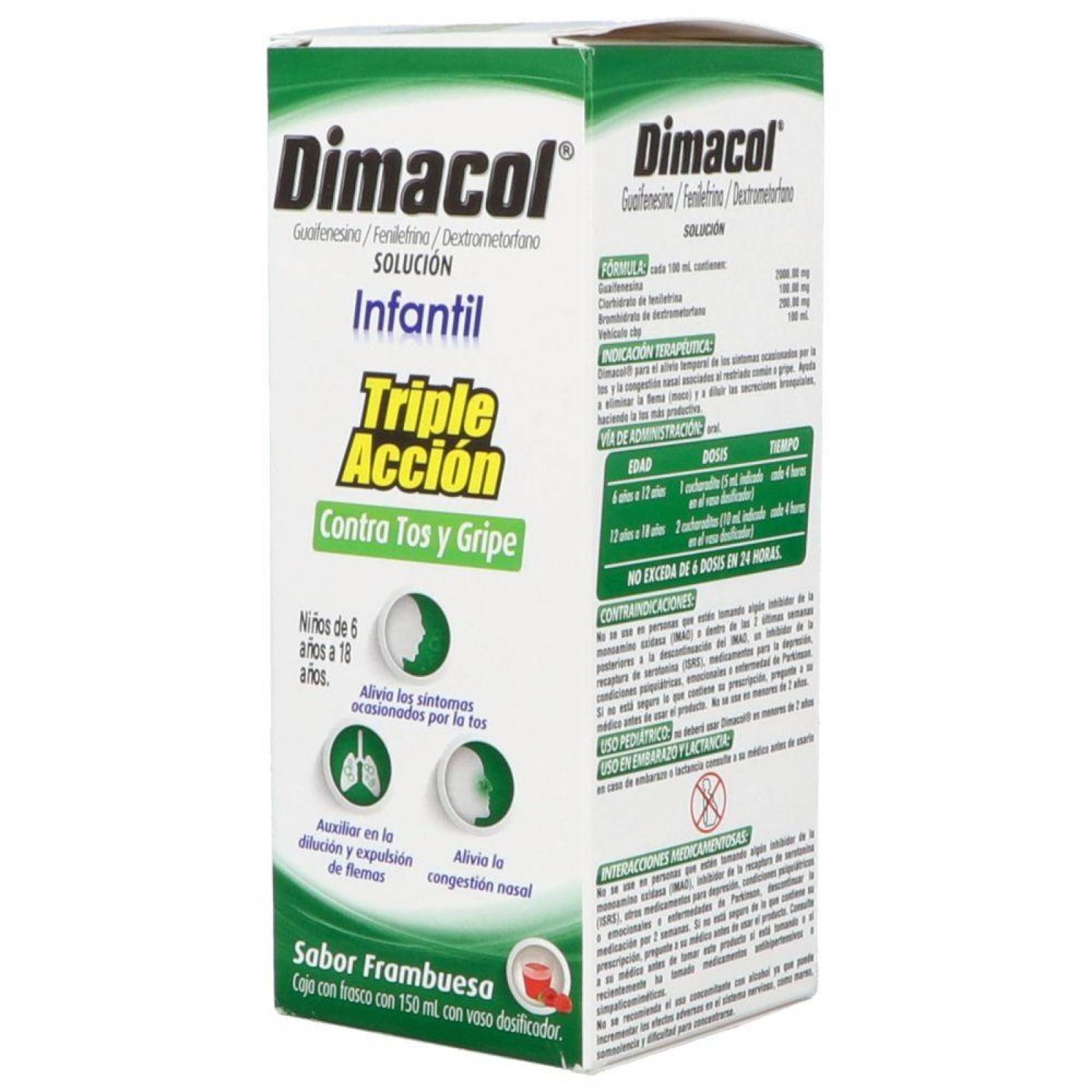 Dimacol Infantil Solución Triple Acción Caja Con Frasco Con 150mL Sabor Frambuesa 