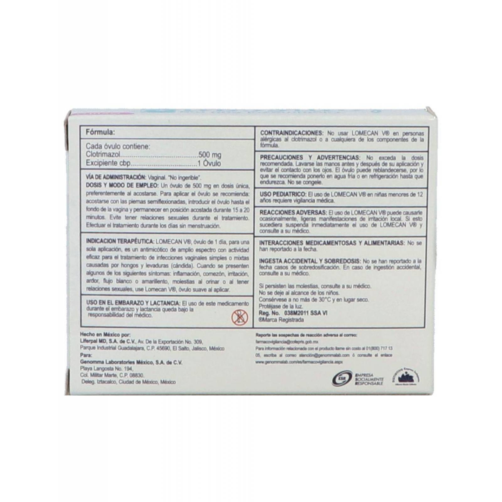Lomecan V Caja Con 1 Óvulo De 500 mg 